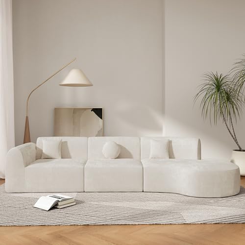 Merax 140" Curved Polyester Sectional Sofa Set, Modern Cloud Couch with Chaise Lounge & 3 Pillows, Fully Assembled for Living Room, Beige