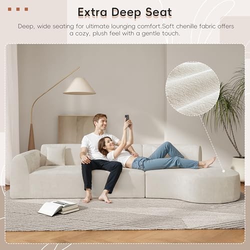 Merax 140" Curved Polyester Sectional Sofa Set, Modern Cloud Couch with Chaise Lounge & 3 Pillows, Fully Assembled for Living Room, Beige