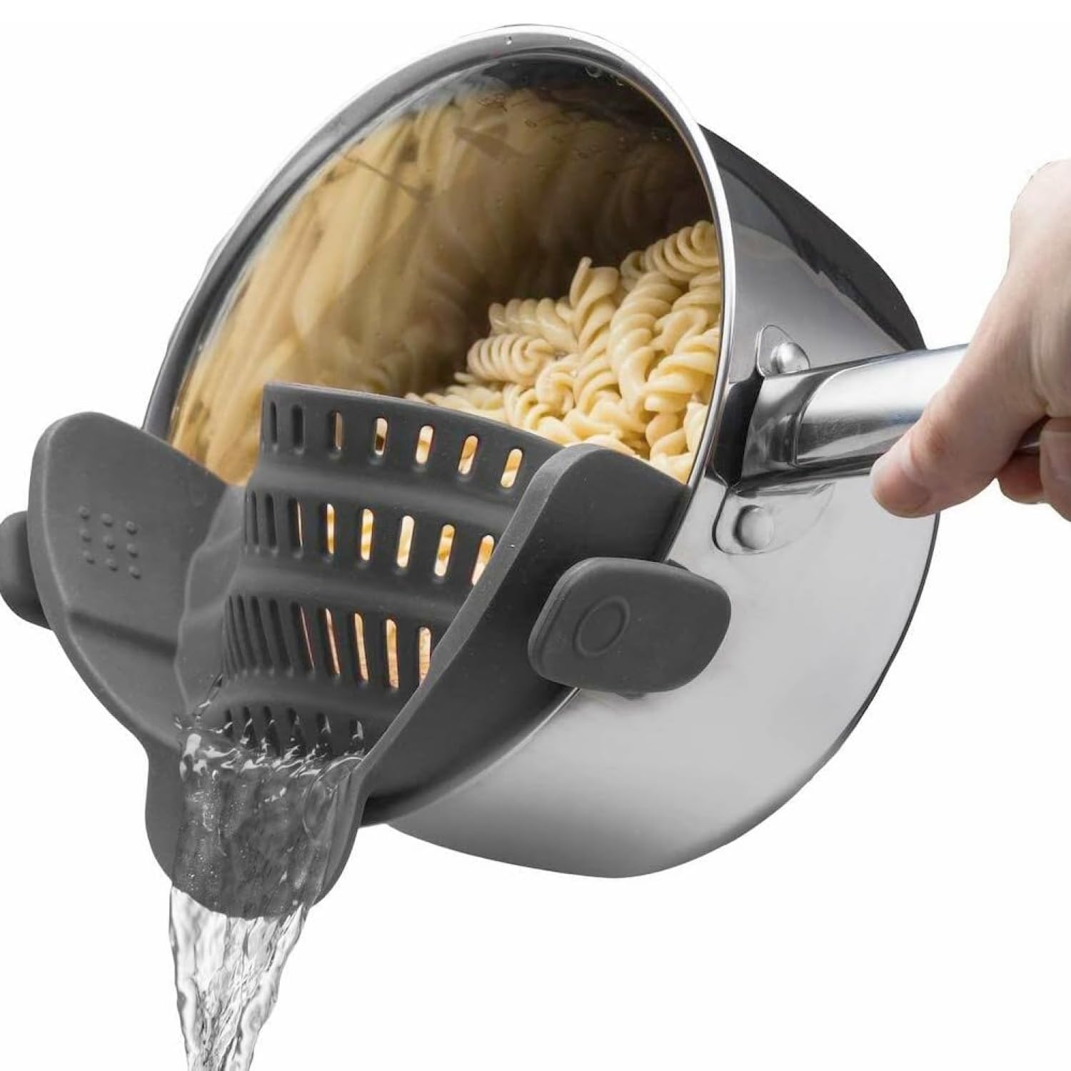 Kitchen Gizmo Snap N' Strain - Silicone Pasta Strainer Clip-On for Pots and Pans - Heat Resistant Colander for Vegetables and Noodles - Kitchen Gadgets for Cooking - Space-Saving Design - Gray