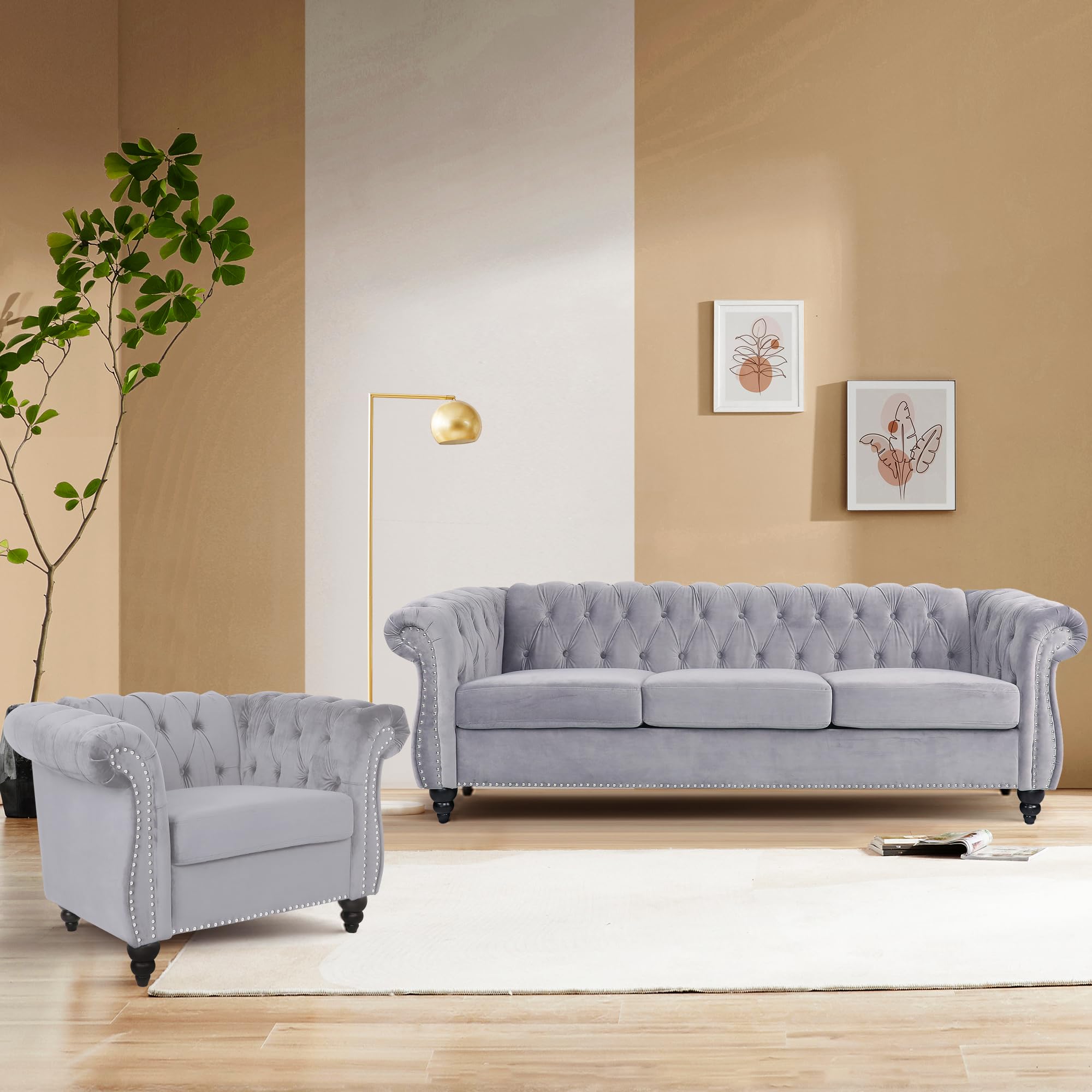 QHITTY 3 Piece Living Room Set, Sectional Chesterfield Sofa Chair Contemporary Upholstered Leather Loveseat Couch Sets for Living Room, Bedroom, Office