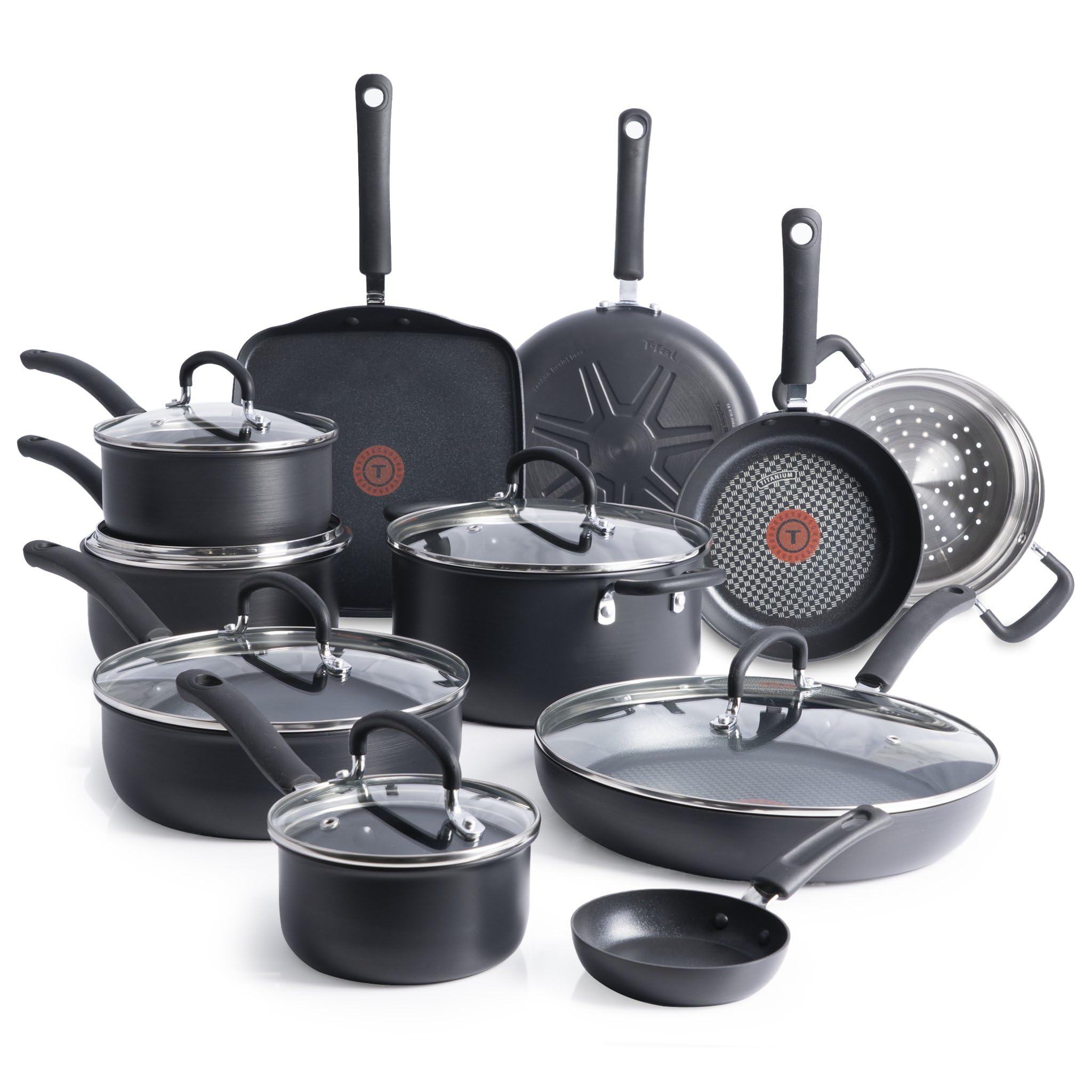 T-Fal Ultimate Hard Anodized Nonstick Pots and Pans Set 17 Piece, Nonstick Cookware Set with Fry Pan, Saucepans, Saute-Pan, Griddle, Dishwasher Safe, Black
