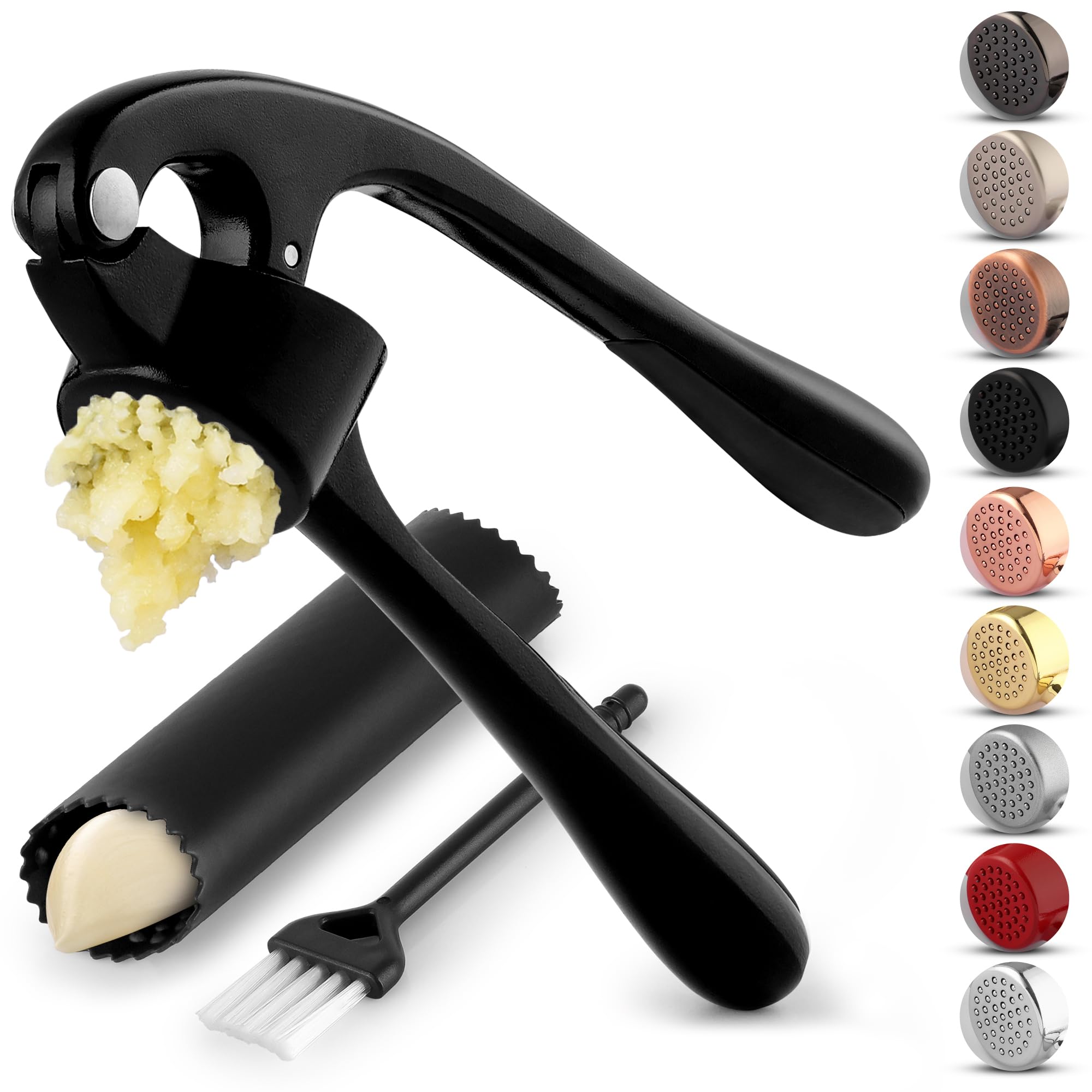 Zulay Kitchen Premium Garlic Press Set - Rust Proof Professional Garlic Mincer Tool - Easy-Squeeze, Easy-Clean with Soft, Ergonomic Handle - Silicone Garlic Peeler & Brush (Silver)