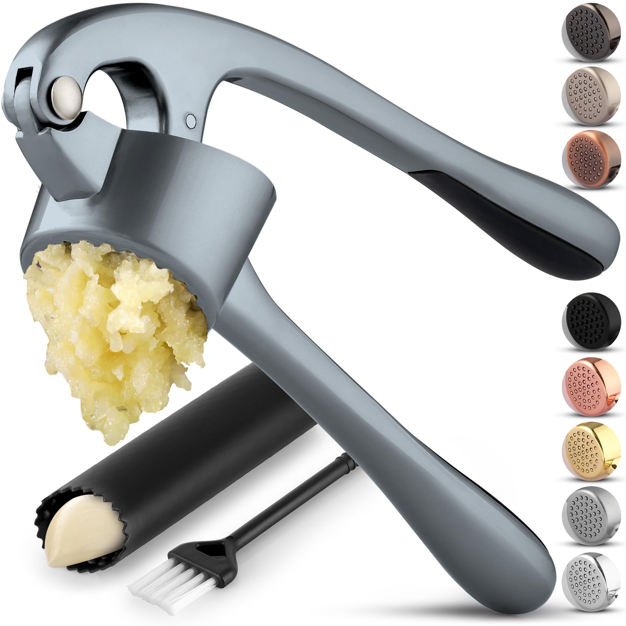 Zulay Kitchen Premium Garlic Press Set - Rust Proof Professional Garlic Mincer Tool - Easy-Squeeze, Easy-Clean with Soft, Ergonomic Handle - Silicone Garlic Peeler & Brush (Silver)