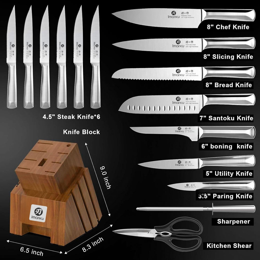 imarku Knife Set, 16PCS High Carbon Stainless Steel Kitchen Knife Set with Block Ultra Sharp Knife Block Set, Japanese Knife Set with Dotted Non-slip Ergonomic Handle, Best Gifts