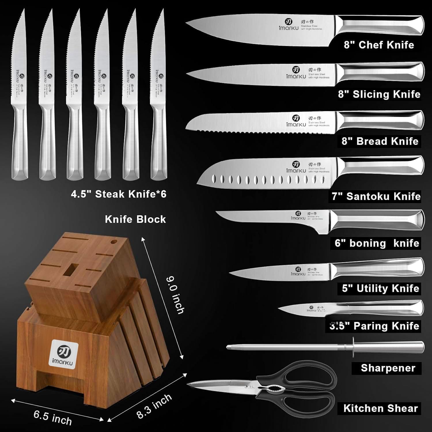 imarku Knife Set, 16PCS High Carbon Stainless Steel Kitchen Knife Set with Block Ultra Sharp Knife Block Set, Japanese Knife Set with Dotted Non-slip Ergonomic Handle, Best Gifts