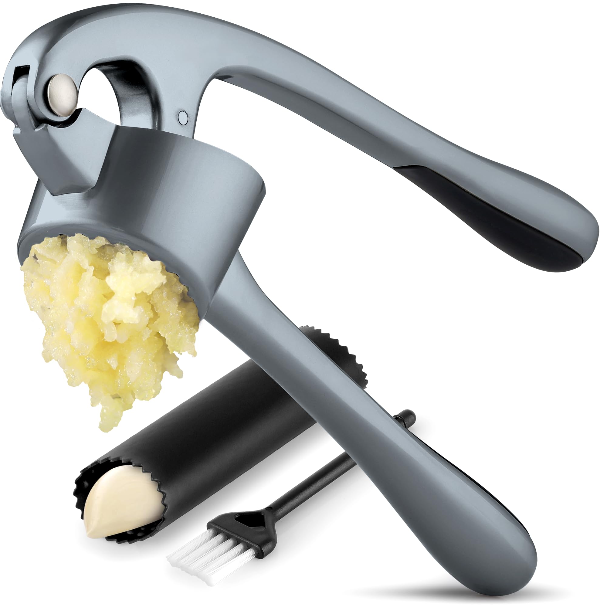 Zulay Kitchen Premium Garlic Press Set - Rust Proof Professional Garlic Mincer Tool - Easy-Squeeze, Easy-Clean with Soft, Ergonomic Handle - Silicone Garlic Peeler & Brush (Silver)