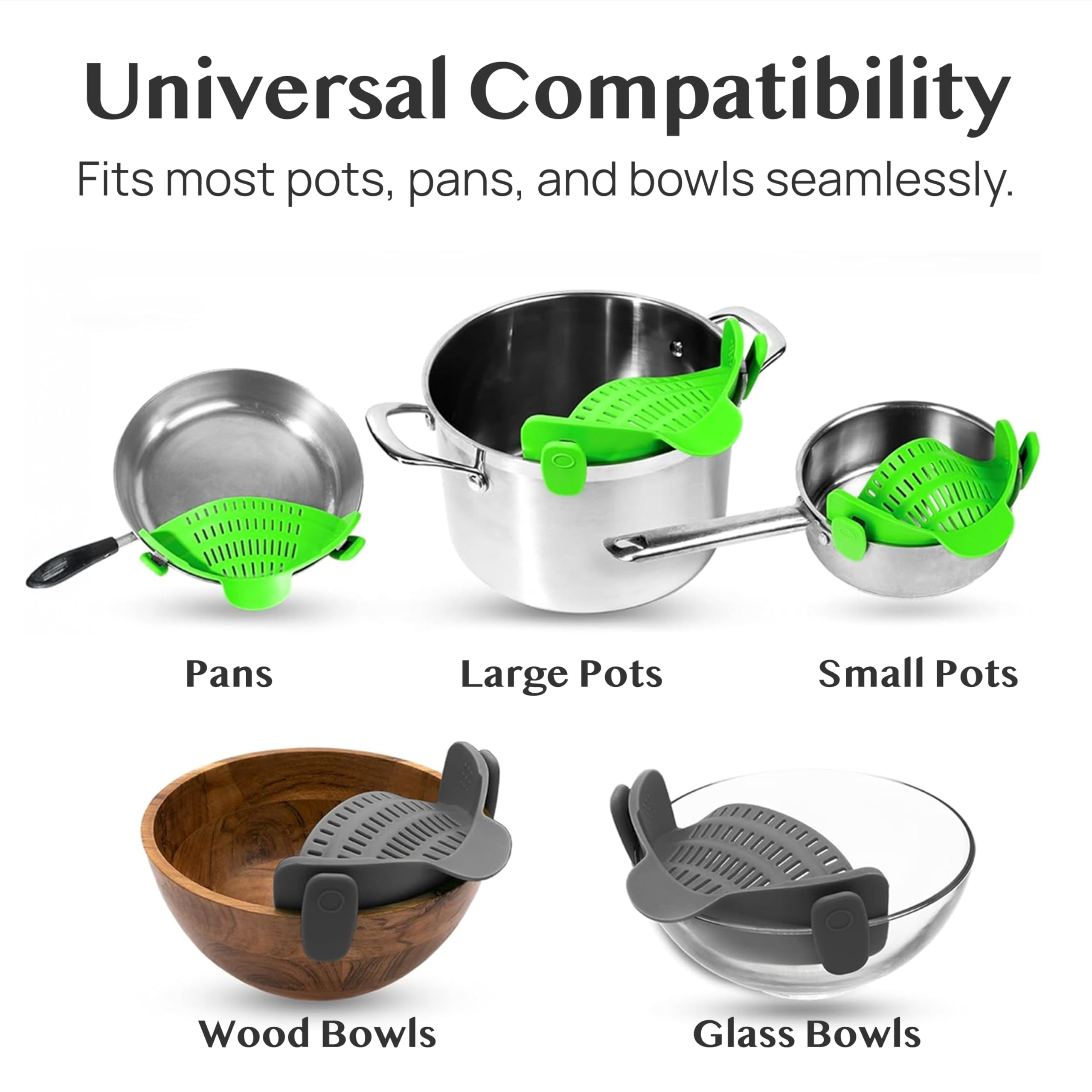 Kitchen Gizmo Snap N' Strain - Silicone Pasta Strainer Clip-On for Pots and Pans - Heat Resistant Colander for Vegetables and Noodles - Kitchen Gadgets for Cooking - Space-Saving Design - Gray