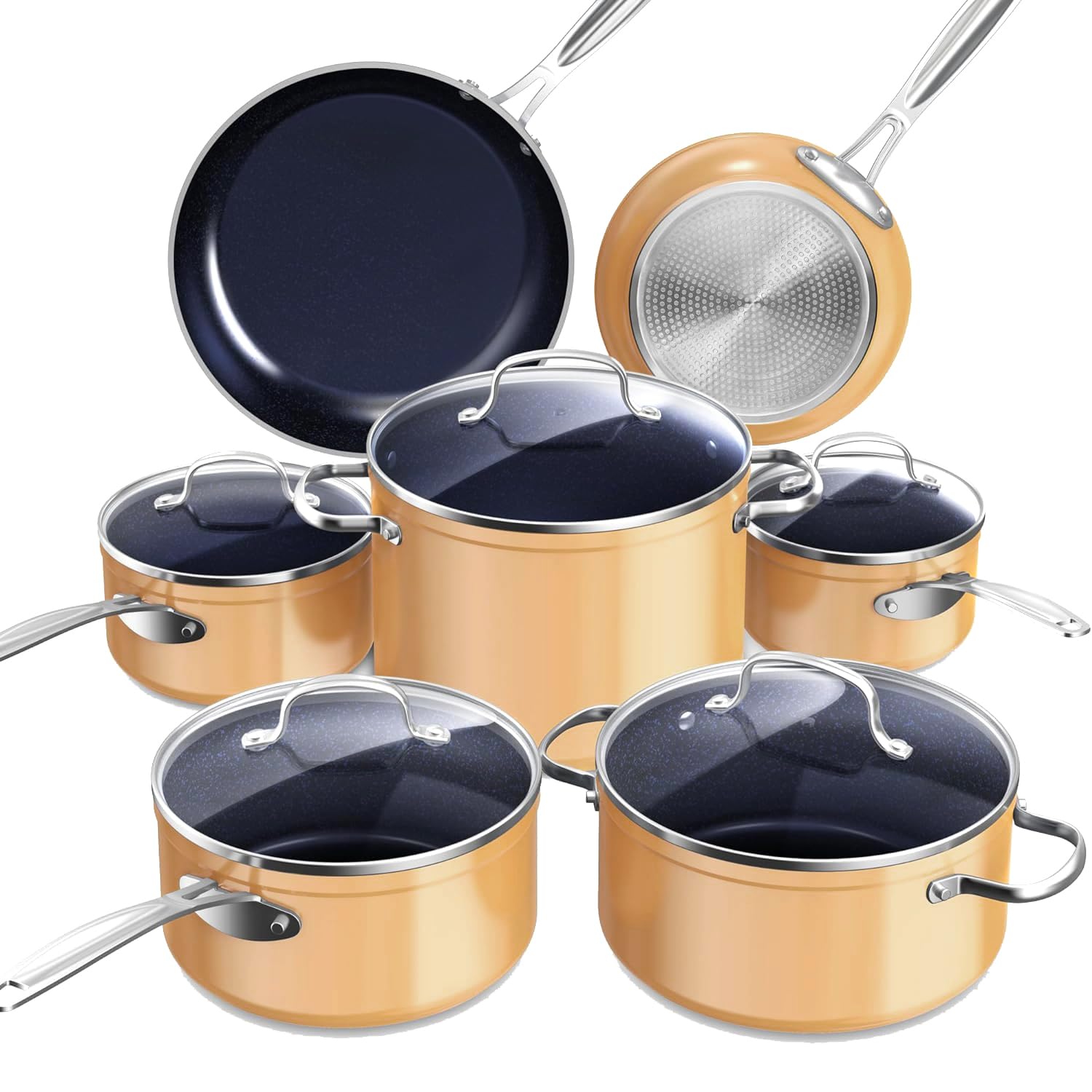 Nuwave Healthy Duralon Blue Ceramic Nonstick Cookware Set, Diamond Infused Scratch-Resistant, PFAS Free, Dishwasher & Oven Safe, Induction Ready & Evenly Heats, Tempered Glass Lids & Stay-Cool Handles