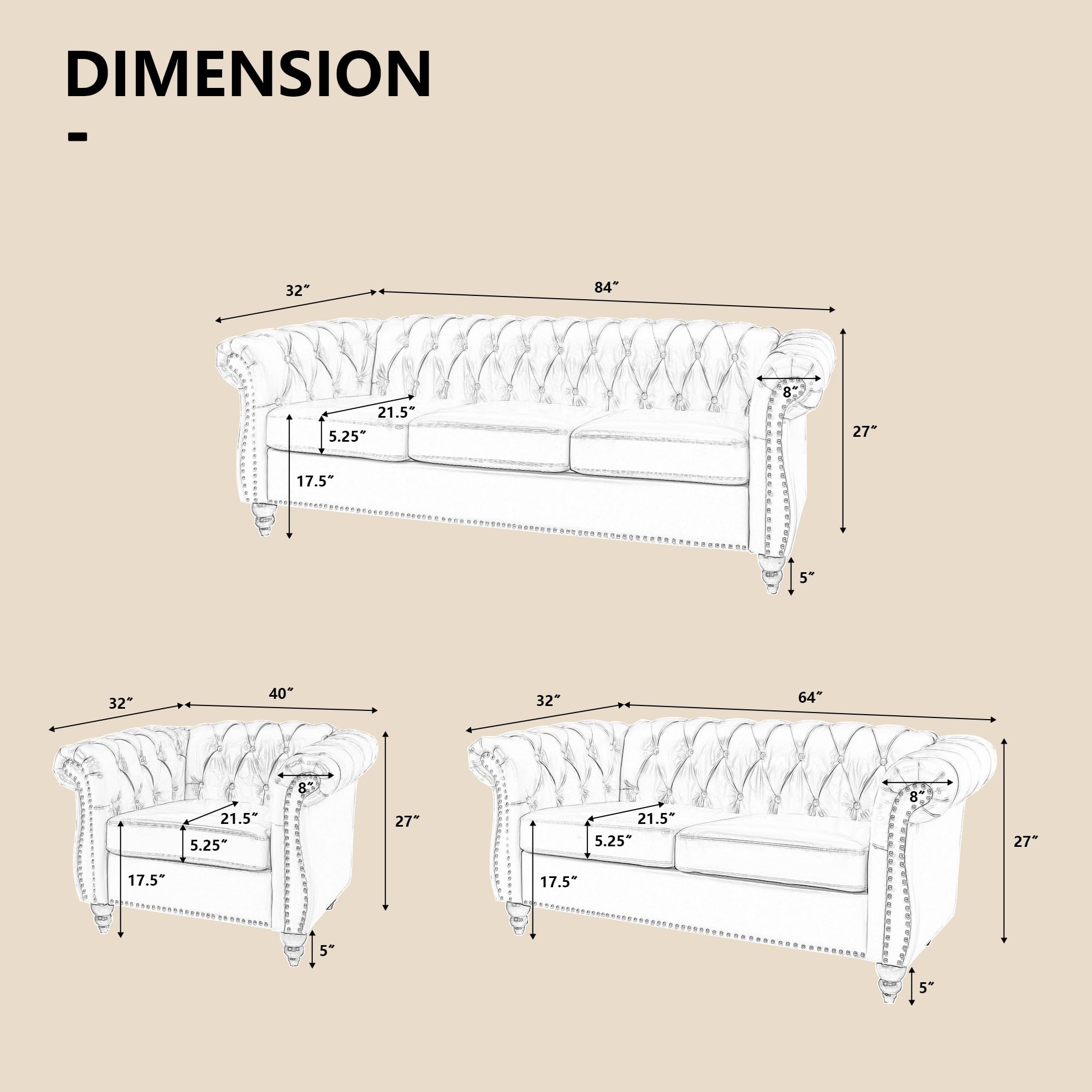 QHITTY 3 Piece Living Room Set, Sectional Chesterfield Sofa Chair Contemporary Upholstered Leather Loveseat Couch Sets for Living Room, Bedroom, Office