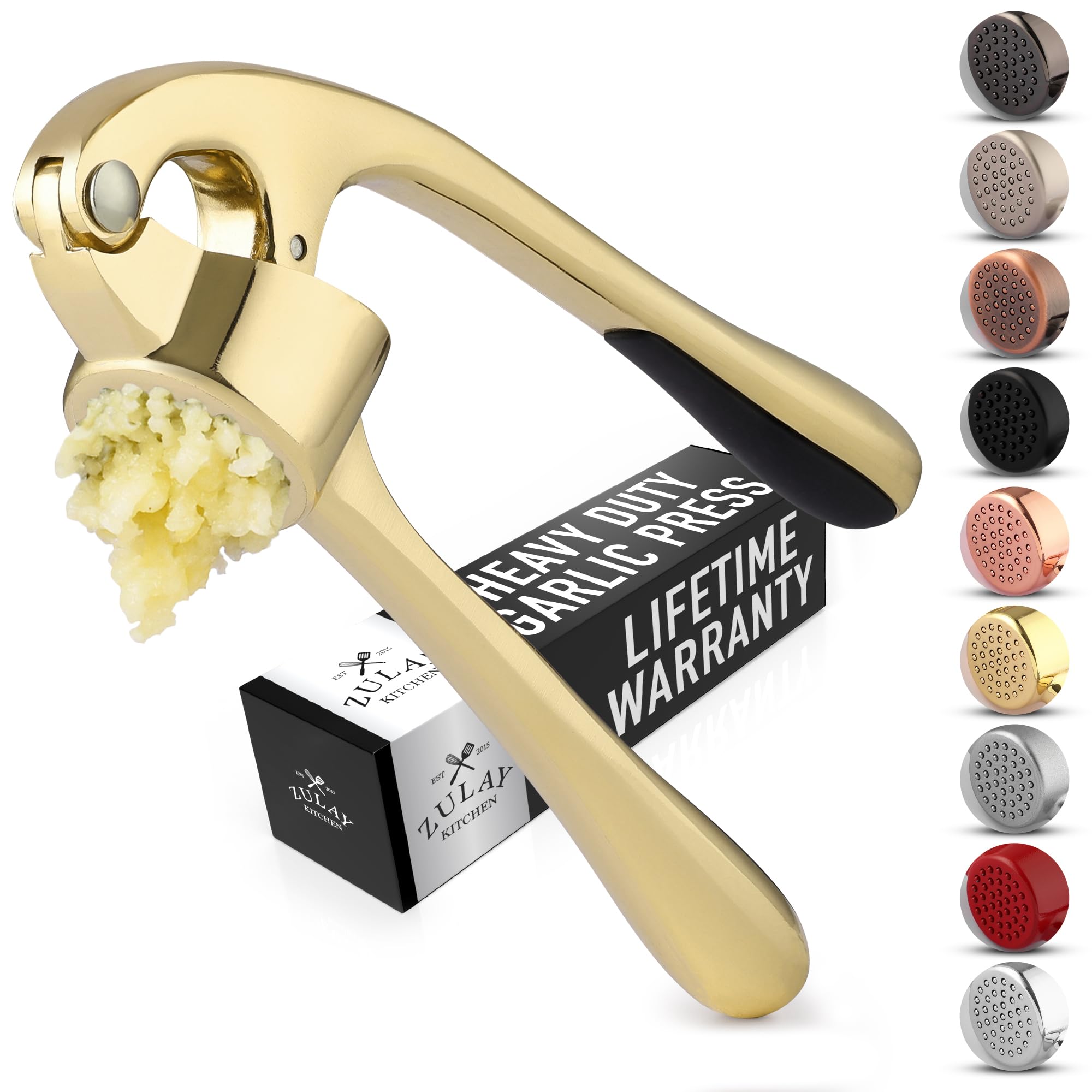 Zulay Kitchen Premium Garlic Press Set - Rust Proof Professional Garlic Mincer Tool - Easy-Squeeze, Easy-Clean with Soft, Ergonomic Handle - Silicone Garlic Peeler & Brush (Silver)