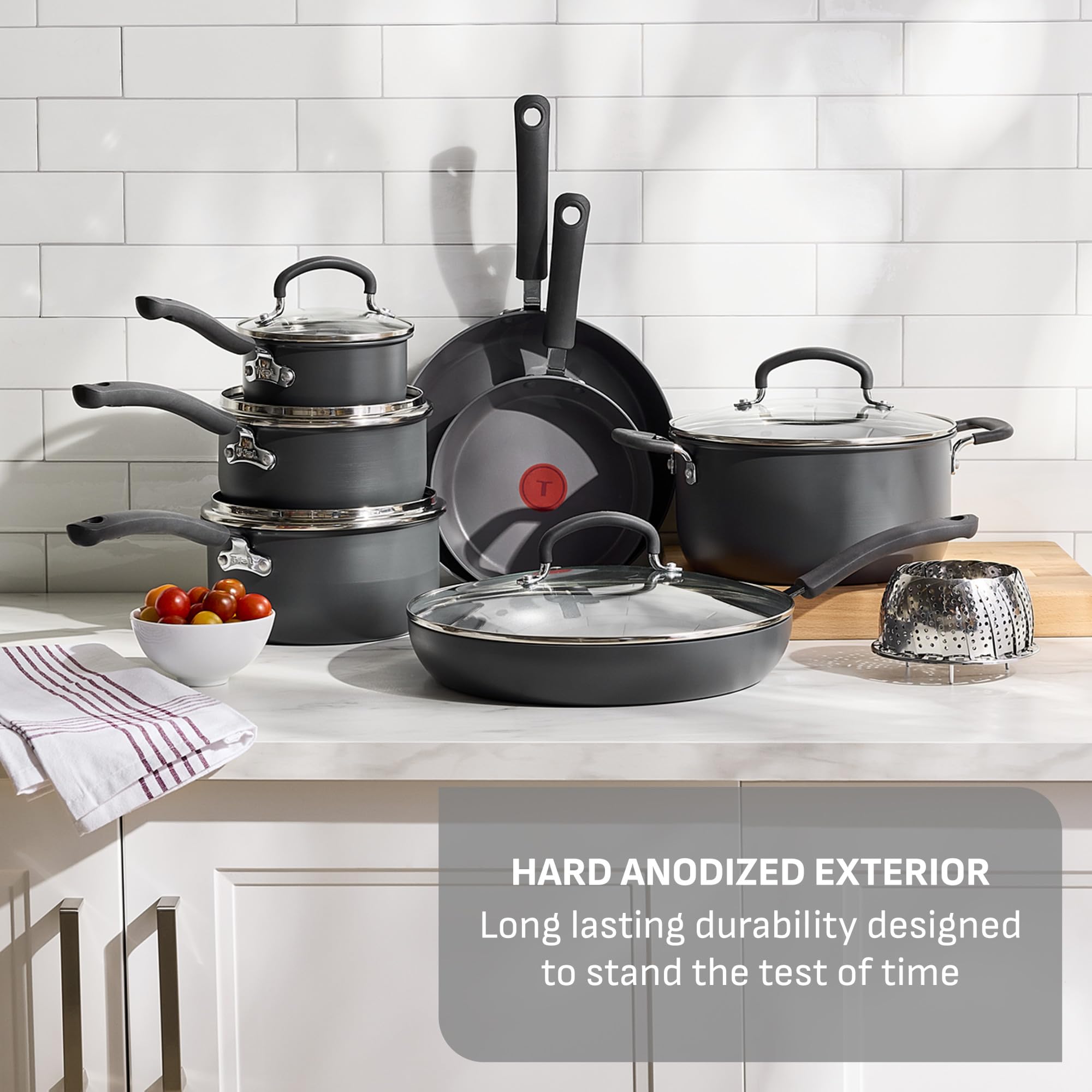 T-Fal Ultimate Hard Anodized Nonstick Pots and Pans Set 17 Piece, Nonstick Cookware Set with Fry Pan, Saucepans, Saute-Pan, Griddle, Dishwasher Safe, Black