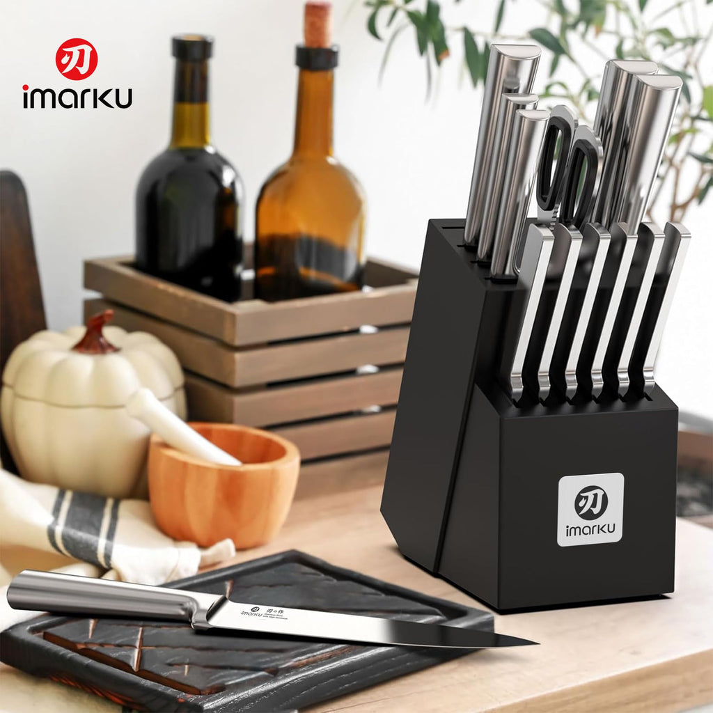 imarku Knife Set - 15PCS Kitchen Knife Set Japanese High Carbon Stainless Steel Knives Set for Kitchen, Dishwasher Safe Ultra Sharp Professional Chef Well Balance Knife Block Set, Black