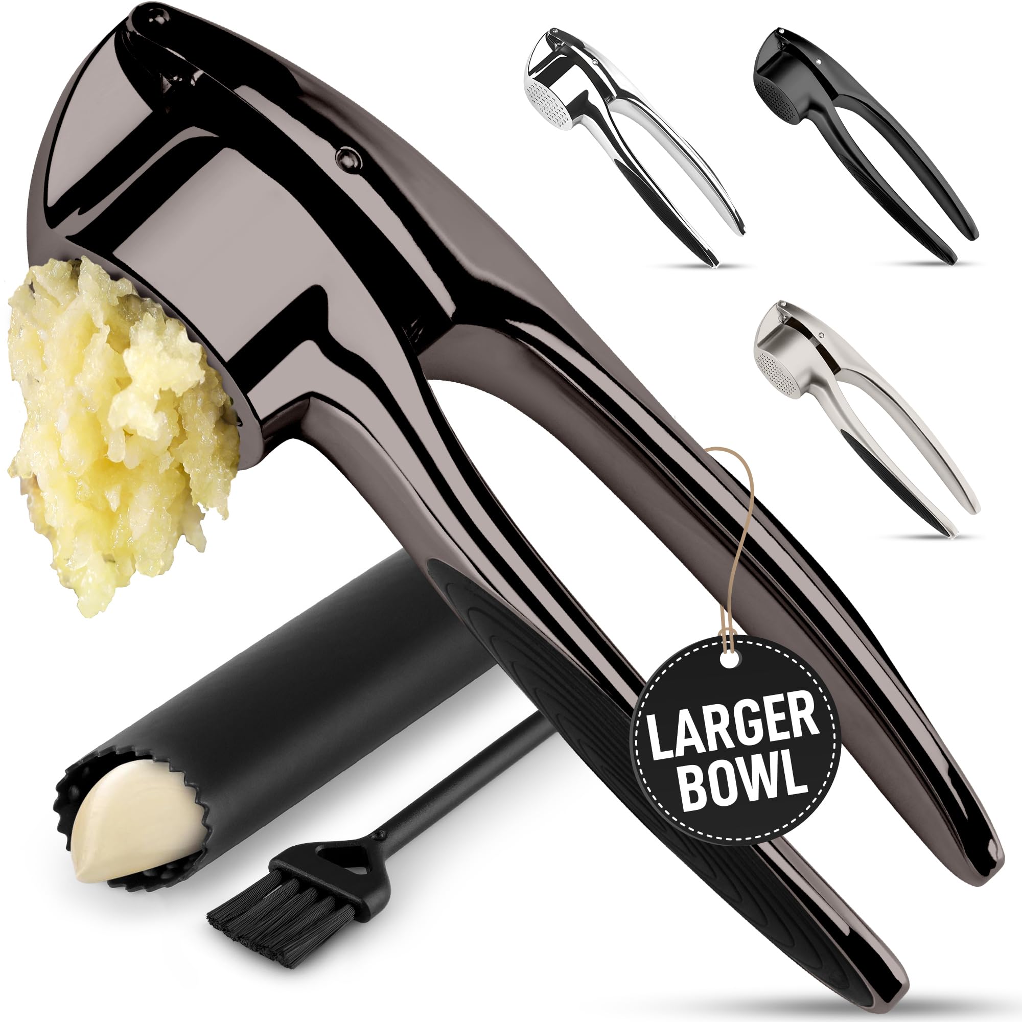 Zulay Kitchen Premium Garlic Press Set - Rust Proof Professional Garlic Mincer Tool - Easy-Squeeze, Easy-Clean with Soft, Ergonomic Handle - Silicone Garlic Peeler & Brush (Silver)