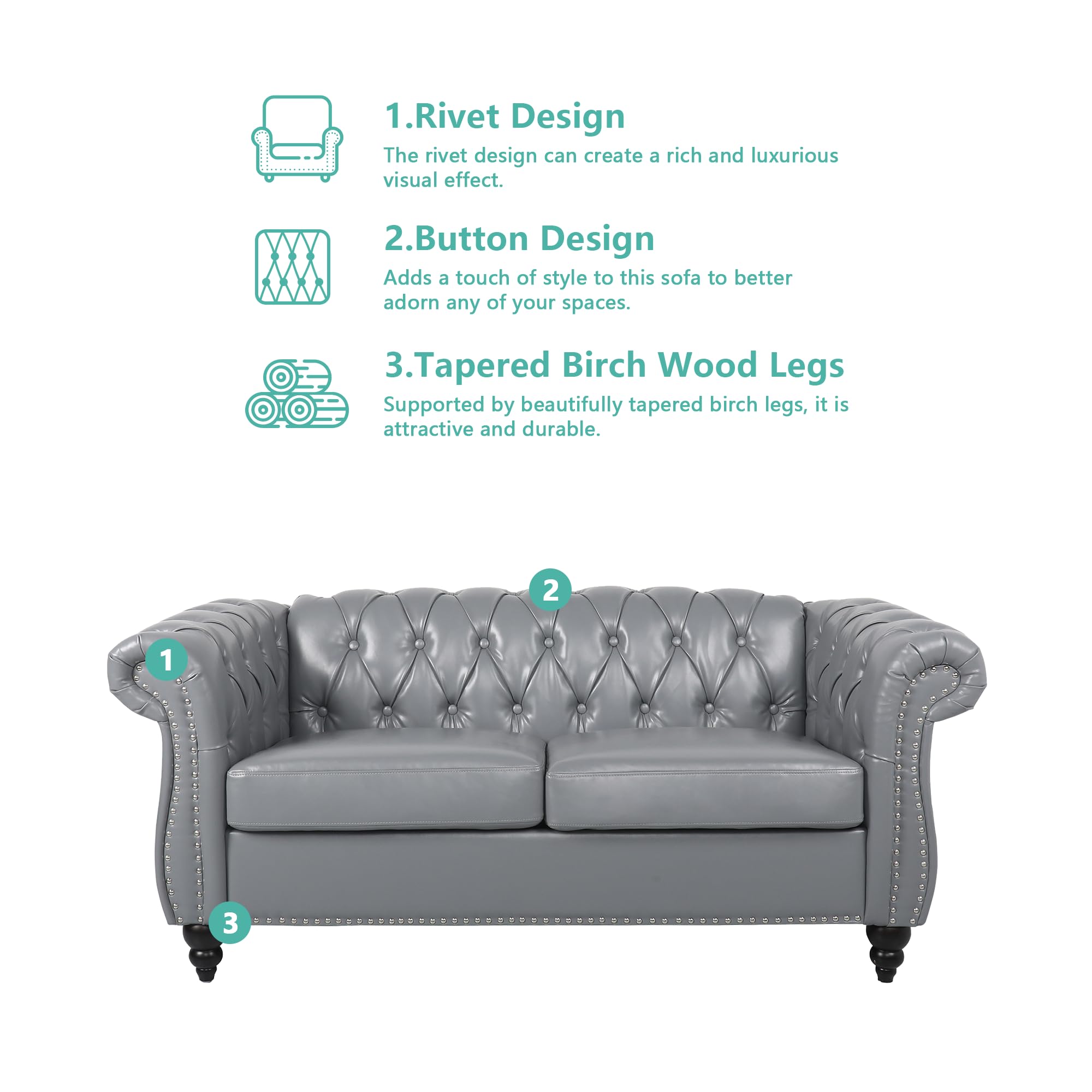 QHITTY 3 Piece Living Room Set, Sectional Chesterfield Sofa Chair Contemporary Upholstered Leather Loveseat Couch Sets for Living Room, Bedroom, Office