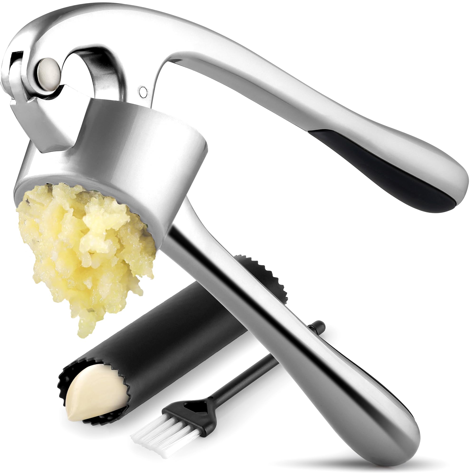Zulay Kitchen Premium Garlic Press Set - Rust Proof Professional Garlic Mincer Tool - Easy-Squeeze, Easy-Clean with Soft, Ergonomic Handle - Silicone Garlic Peeler & Brush (Silver)