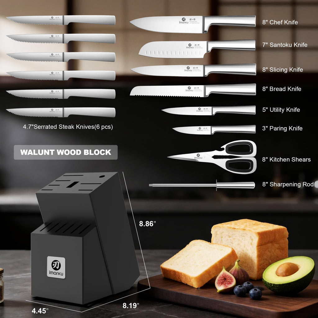 imarku Knife Set - 15PCS Kitchen Knife Set Japanese High Carbon Stainless Steel Knives Set for Kitchen, Dishwasher Safe Ultra Sharp Professional Chef Well Balance Knife Block Set, Black