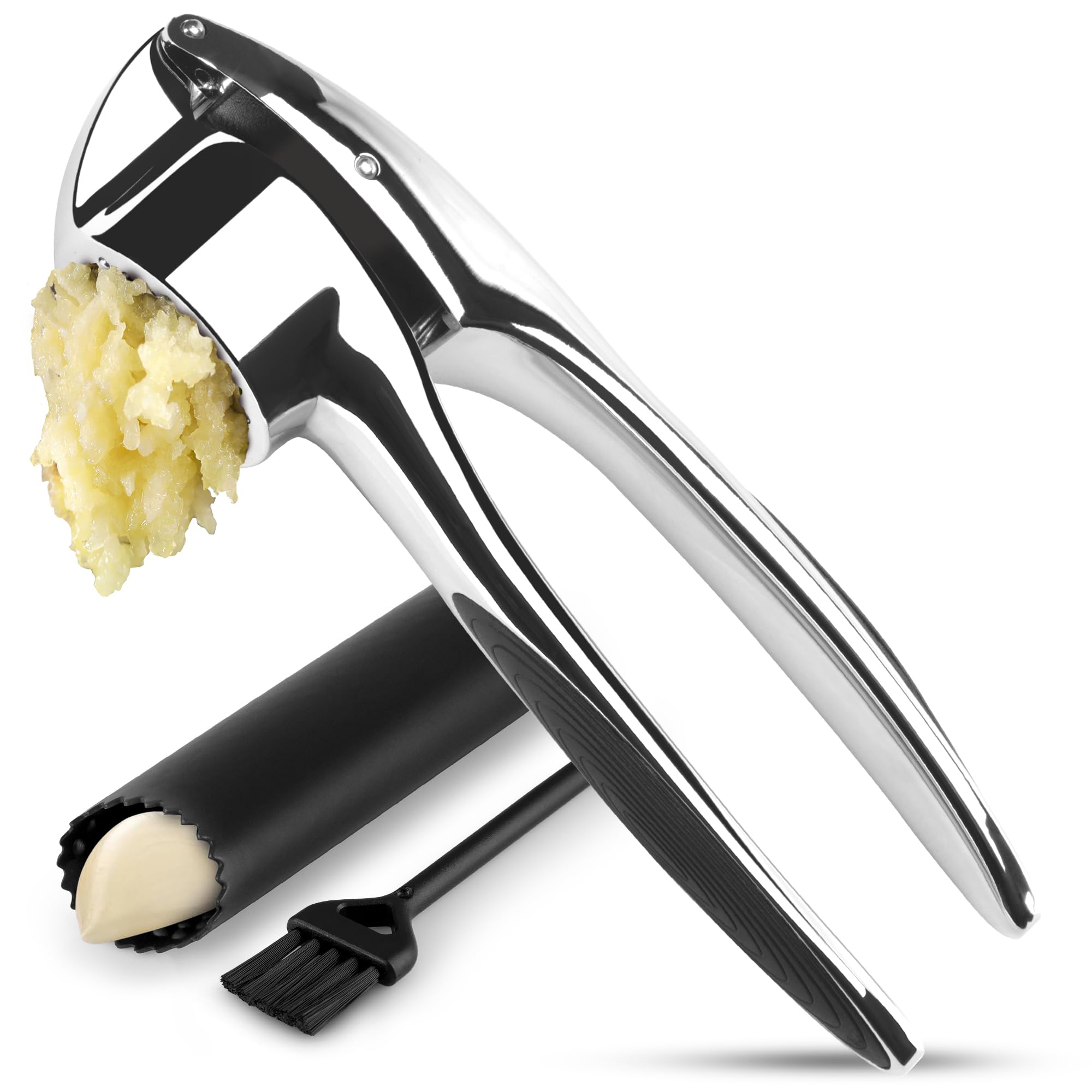 Zulay Kitchen Premium Garlic Press Set - Rust Proof Professional Garlic Mincer Tool - Easy-Squeeze, Easy-Clean with Soft, Ergonomic Handle - Silicone Garlic Peeler & Brush (Silver)