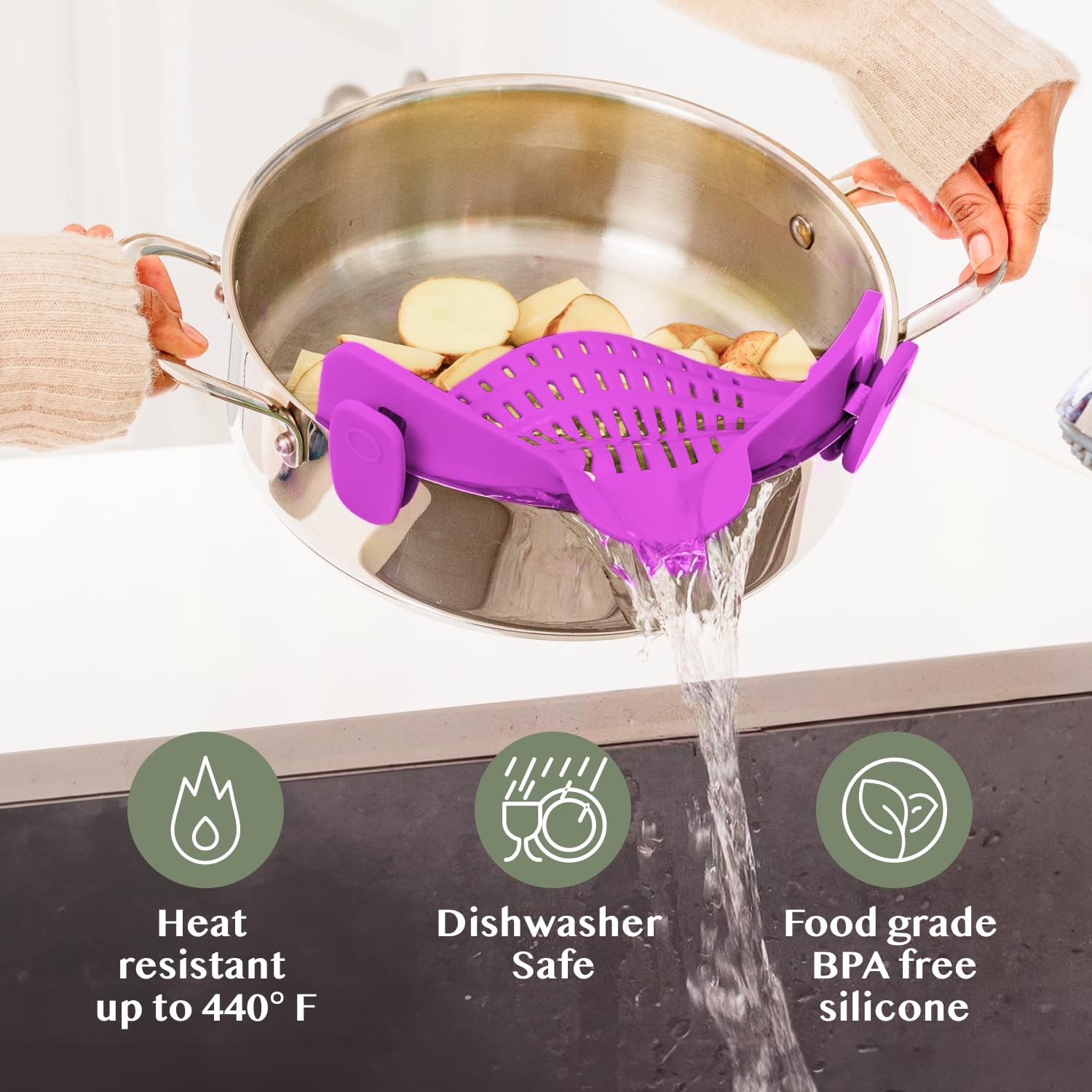 Kitchen Gizmo Snap N' Strain - Silicone Pasta Strainer Clip-On for Pots and Pans - Heat Resistant Colander for Vegetables and Noodles - Kitchen Gadgets for Cooking - Space-Saving Design - Gray