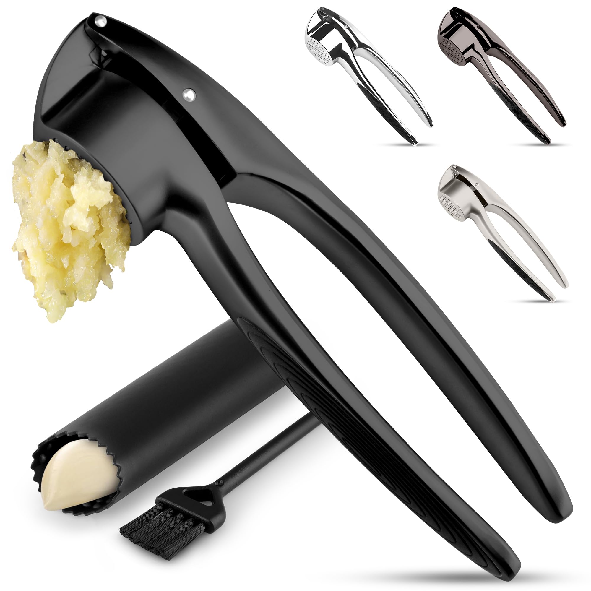 Zulay Kitchen Premium Garlic Press Set - Rust Proof Professional Garlic Mincer Tool - Easy-Squeeze, Easy-Clean with Soft, Ergonomic Handle - Silicone Garlic Peeler & Brush (Silver)