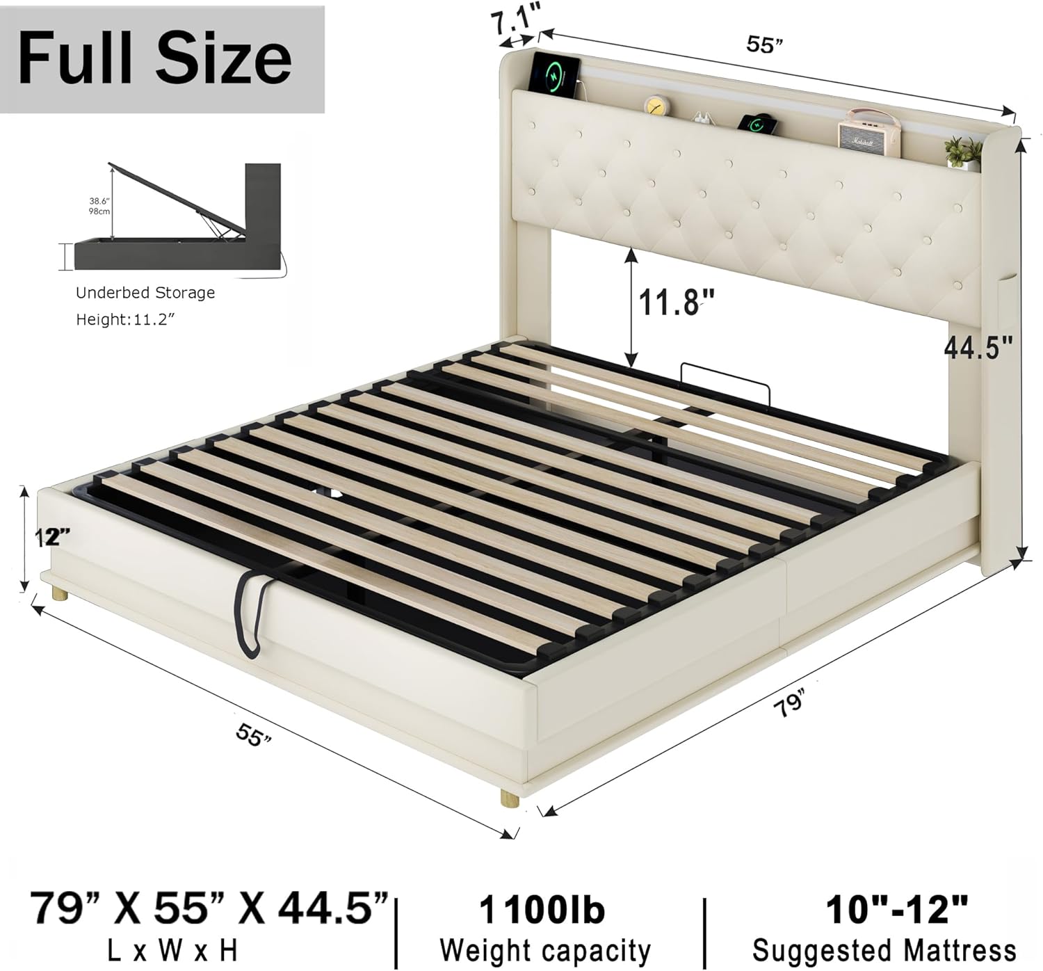Lift Up Storage Queen Bed, Upholstered Platform Bed with Button Tufted Wingback Storage Headboard, Bed Frame Queen Size with Led Lights and Charging Station, No Box Spring Needed, Grey