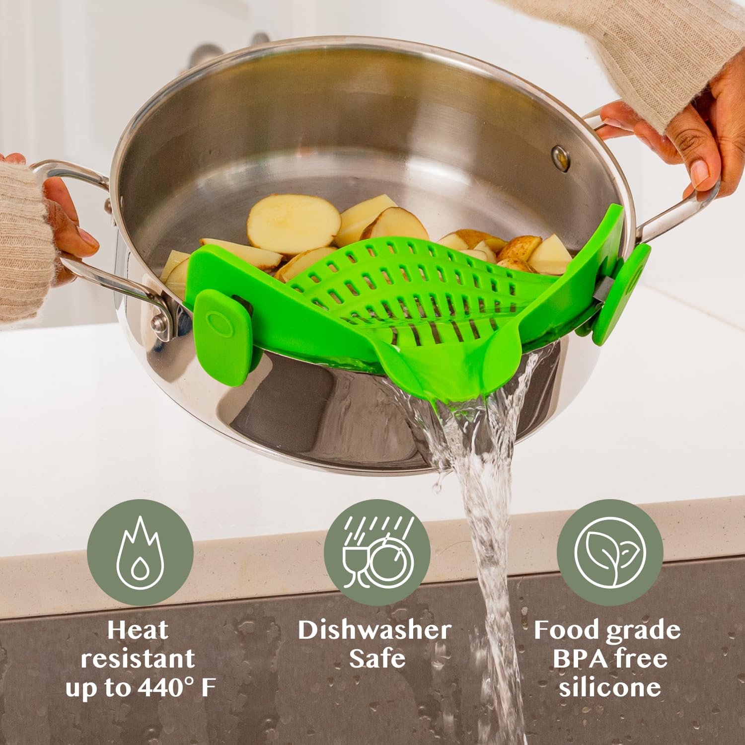 Kitchen Gizmo Snap N' Strain - Silicone Pasta Strainer Clip-On for Pots and Pans - Heat Resistant Colander for Vegetables and Noodles - Kitchen Gadgets for Cooking - Space-Saving Design - Gray