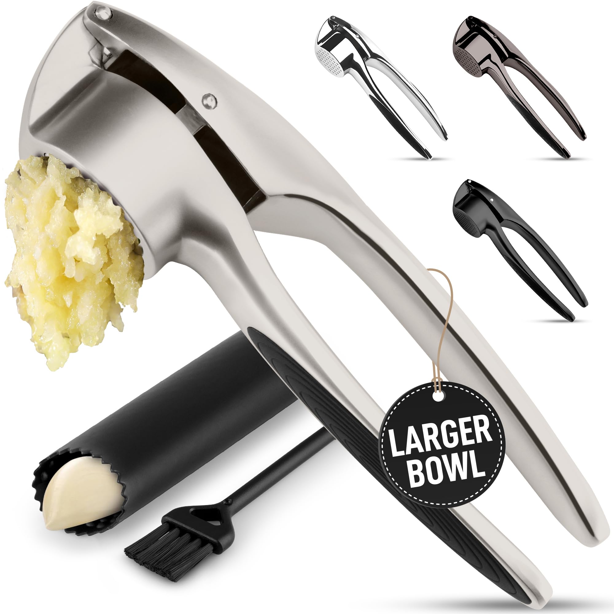 Zulay Kitchen Premium Garlic Press Set - Rust Proof Professional Garlic Mincer Tool - Easy-Squeeze, Easy-Clean with Soft, Ergonomic Handle - Silicone Garlic Peeler & Brush (Silver)