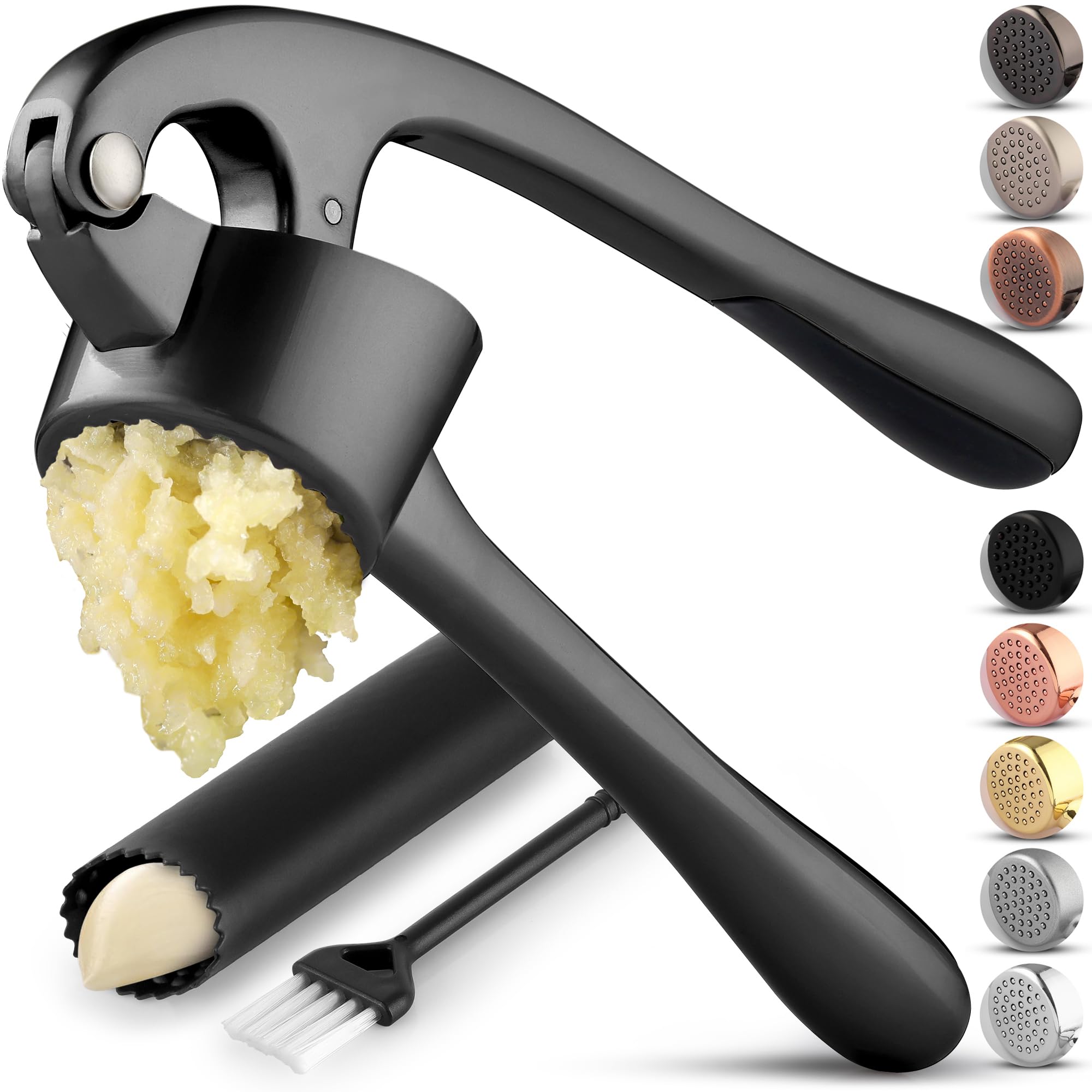 Zulay Kitchen Premium Garlic Press Set - Rust Proof Professional Garlic Mincer Tool - Easy-Squeeze, Easy-Clean with Soft, Ergonomic Handle - Silicone Garlic Peeler & Brush (Silver)