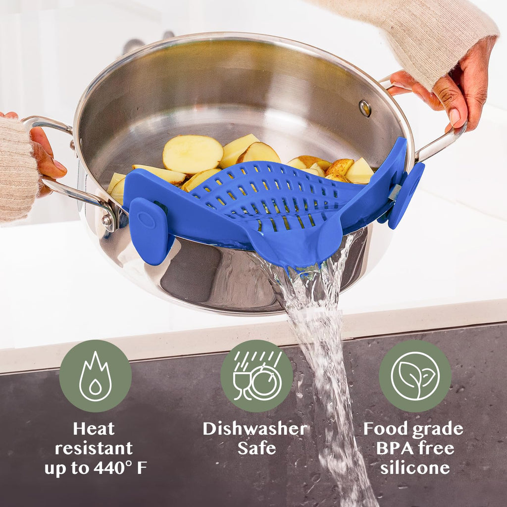 Kitchen Gizmo Snap N' Strain - Silicone Pasta Strainer Clip-On for Pots and Pans - Heat Resistant Colander for Vegetables and Noodles - Kitchen Gadgets for Cooking - Space-Saving Design - Gray