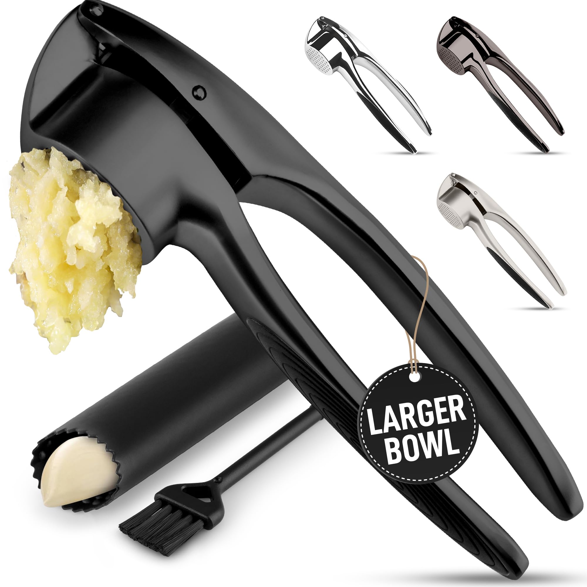 Zulay Kitchen Premium Garlic Press Set - Rust Proof Professional Garlic Mincer Tool - Easy-Squeeze, Easy-Clean with Soft, Ergonomic Handle - Silicone Garlic Peeler & Brush (Silver)