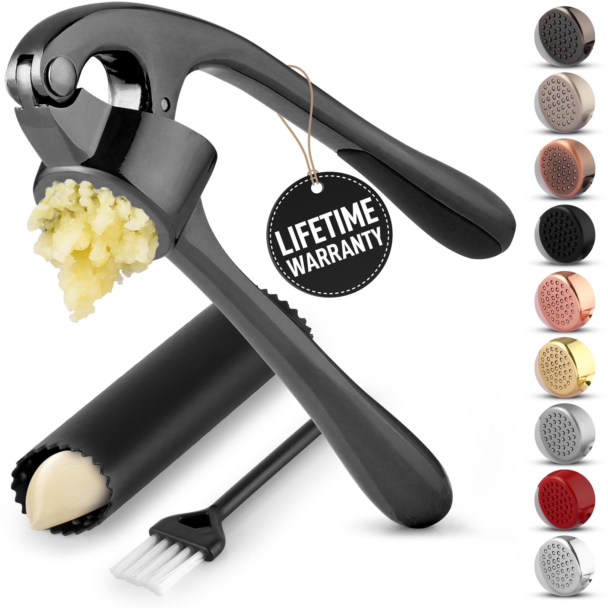 Zulay Kitchen Premium Garlic Press Set - Rust Proof Professional Garlic Mincer Tool - Easy-Squeeze, Easy-Clean with Soft, Ergonomic Handle - Silicone Garlic Peeler & Brush (Silver)