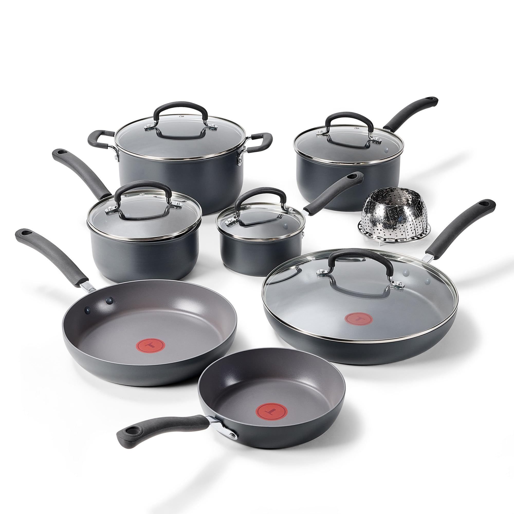 T-Fal Ultimate Hard Anodized Nonstick Pots and Pans Set 17 Piece, Nonstick Cookware Set with Fry Pan, Saucepans, Saute-Pan, Griddle, Dishwasher Safe, Black