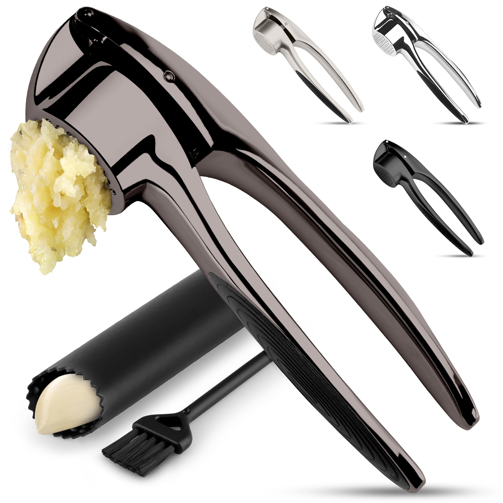 Zulay Kitchen Premium Garlic Press Set - Rust Proof Professional Garlic Mincer Tool - Easy-Squeeze, Easy-Clean with Soft, Ergonomic Handle - Silicone Garlic Peeler & Brush (Silver)