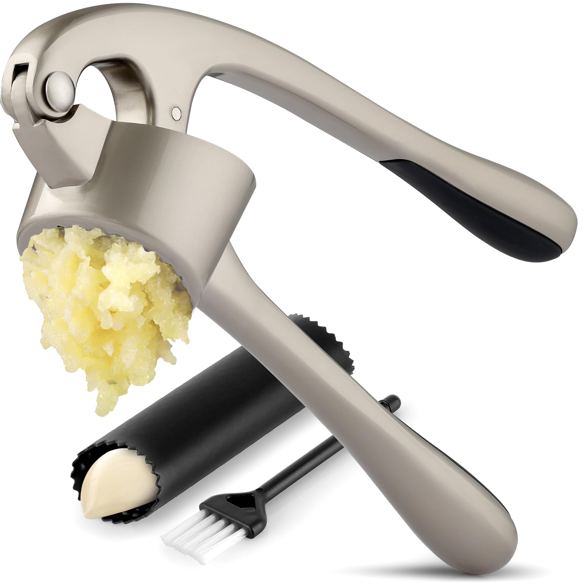 Zulay Kitchen Premium Garlic Press Set - Rust Proof Professional Garlic Mincer Tool - Easy-Squeeze, Easy-Clean with Soft, Ergonomic Handle - Silicone Garlic Peeler & Brush (Silver)