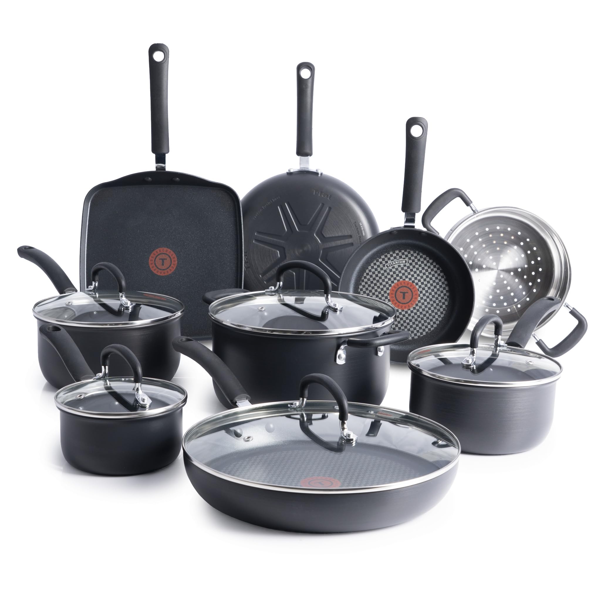 T-Fal Ultimate Hard Anodized Nonstick Pots and Pans Set 17 Piece, Nonstick Cookware Set with Fry Pan, Saucepans, Saute-Pan, Griddle, Dishwasher Safe, Black