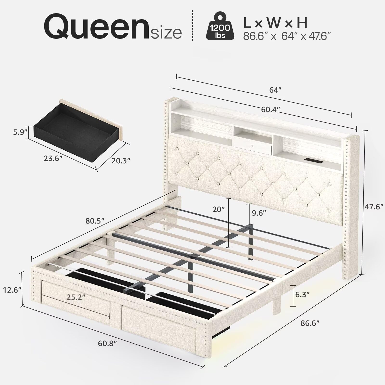 Linen Full Size Bed Frame with 2-Tier Storage Headboard and Charging Station, Upholstered Platform Bed Frames with 2 Storage Drawers, Wooden Slats Support, No Box Spring Needed, Black