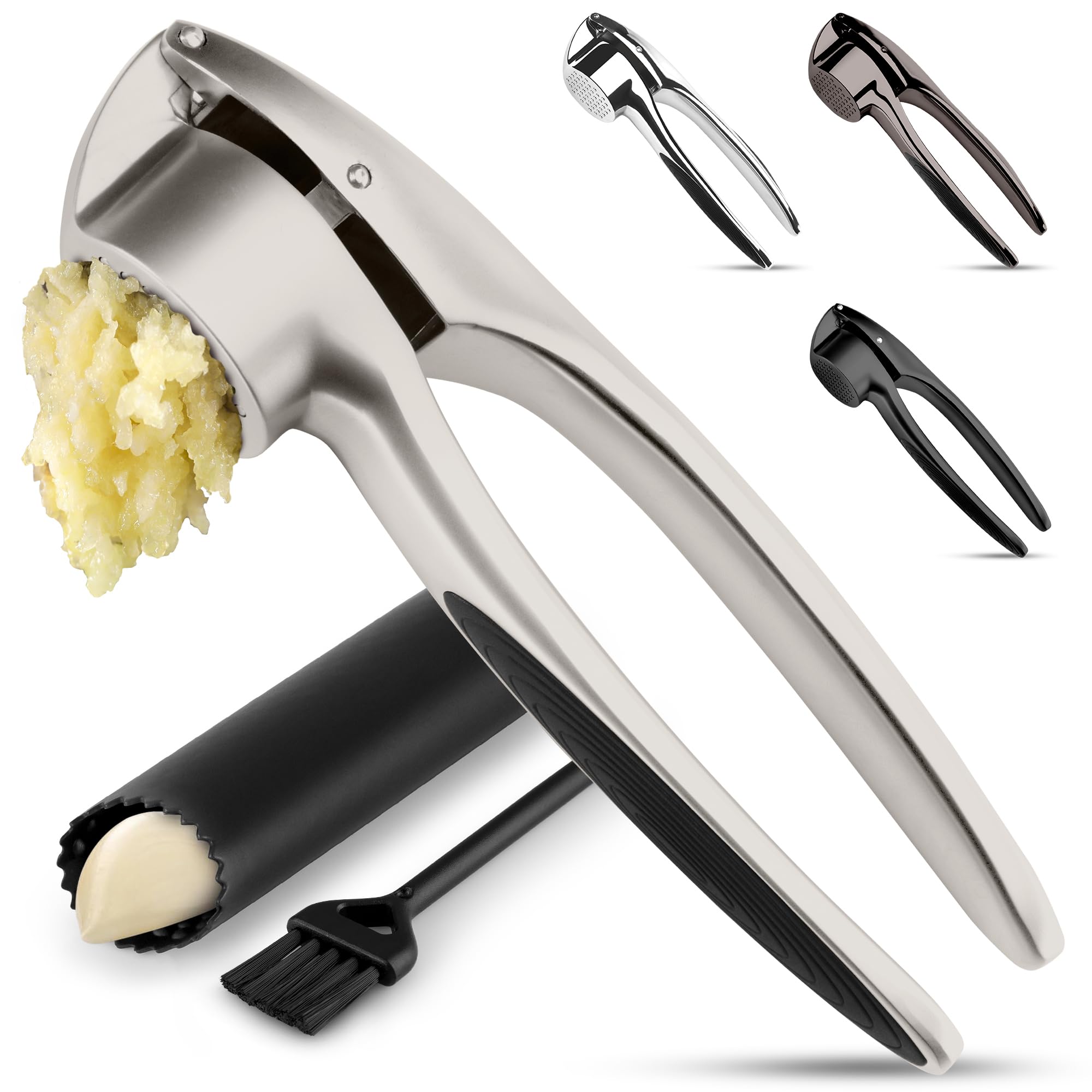 Zulay Kitchen Premium Garlic Press Set - Rust Proof Professional Garlic Mincer Tool - Easy-Squeeze, Easy-Clean with Soft, Ergonomic Handle - Silicone Garlic Peeler & Brush (Silver)