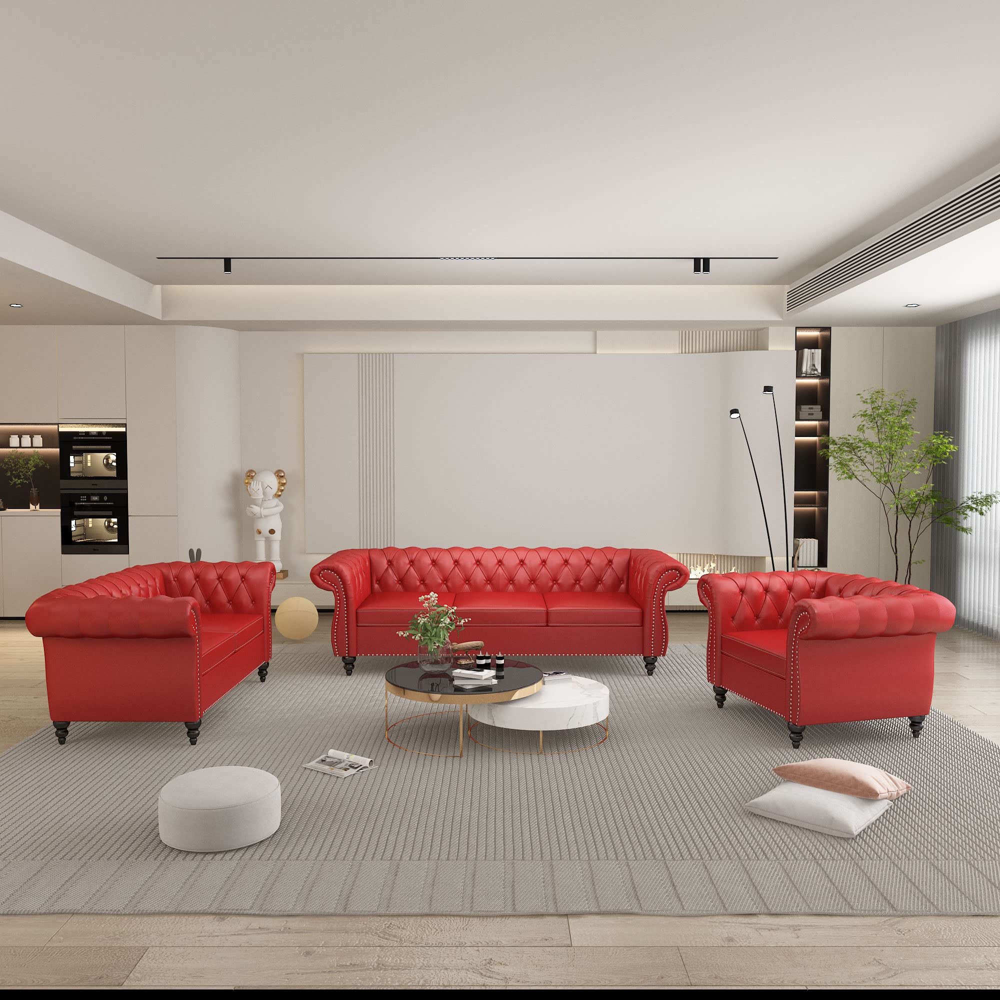 QHITTY 3 Piece Living Room Set, Sectional Chesterfield Sofa Chair Contemporary Upholstered Leather Loveseat Couch Sets for Living Room, Bedroom, Office