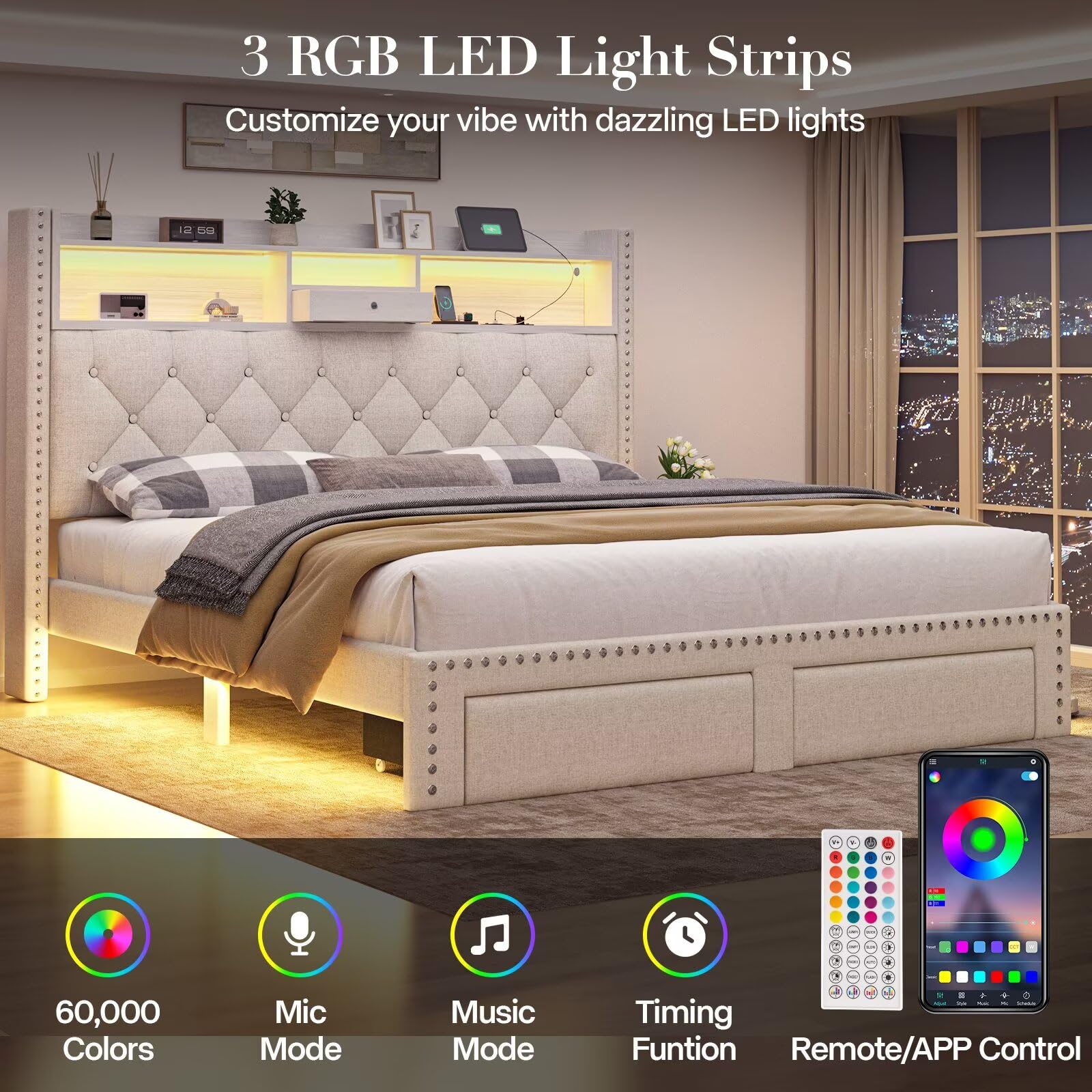 Linen Full Size Bed Frame with 2-Tier Storage Headboard and Charging Station, Upholstered Platform Bed Frames with 2 Storage Drawers, Wooden Slats Support, No Box Spring Needed, Black