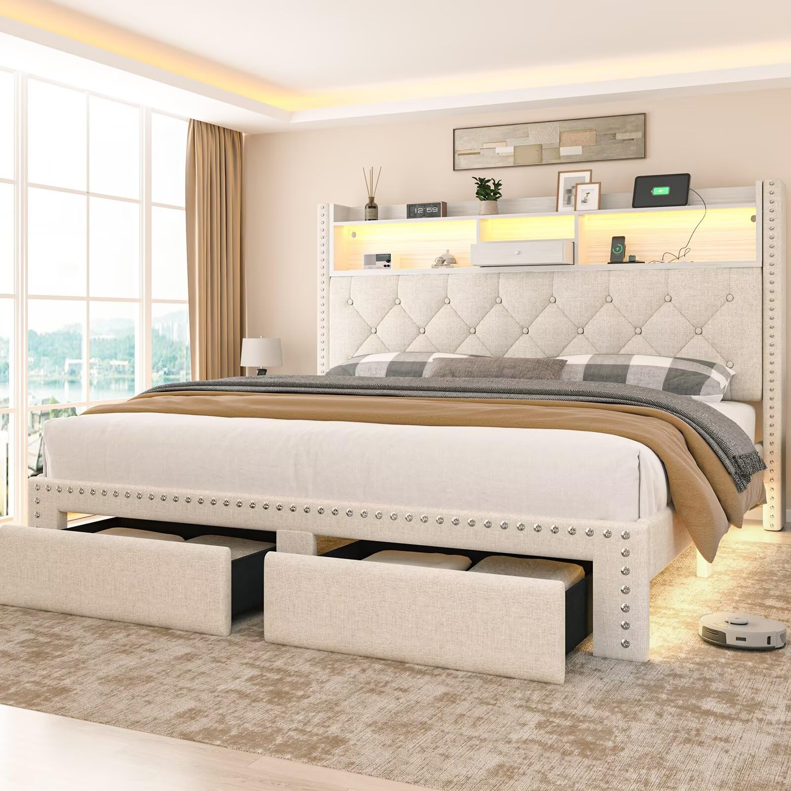 Linen Full Size Bed Frame with 2-Tier Storage Headboard and Charging Station, Upholstered Platform Bed Frames with 2 Storage Drawers, Wooden Slats Support, No Box Spring Needed, Black