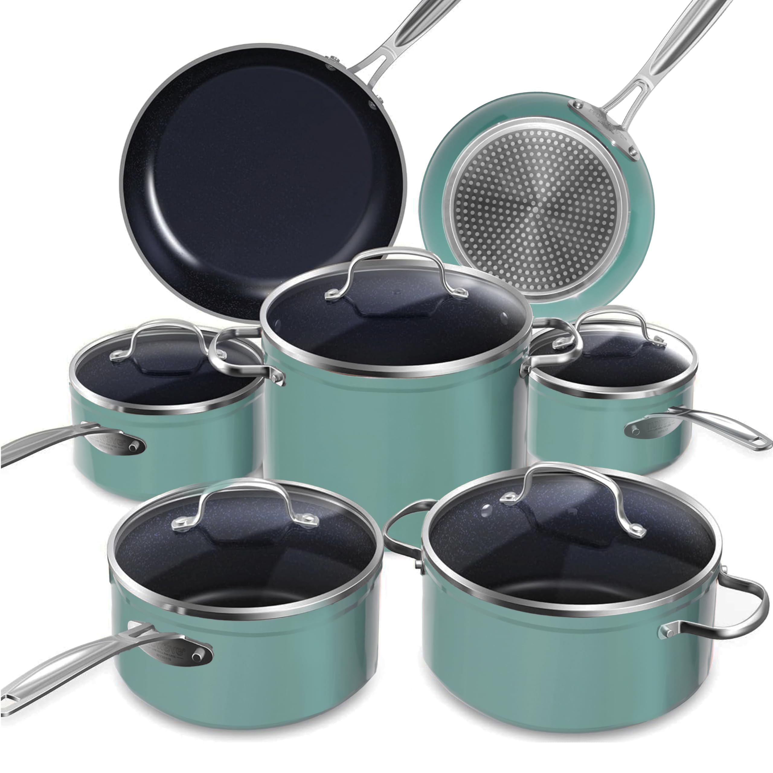 Nuwave Healthy Duralon Blue Ceramic Nonstick Cookware Set, Diamond Infused Scratch-Resistant, PFAS Free, Dishwasher & Oven Safe, Induction Ready & Evenly Heats, Tempered Glass Lids & Stay-Cool Handles