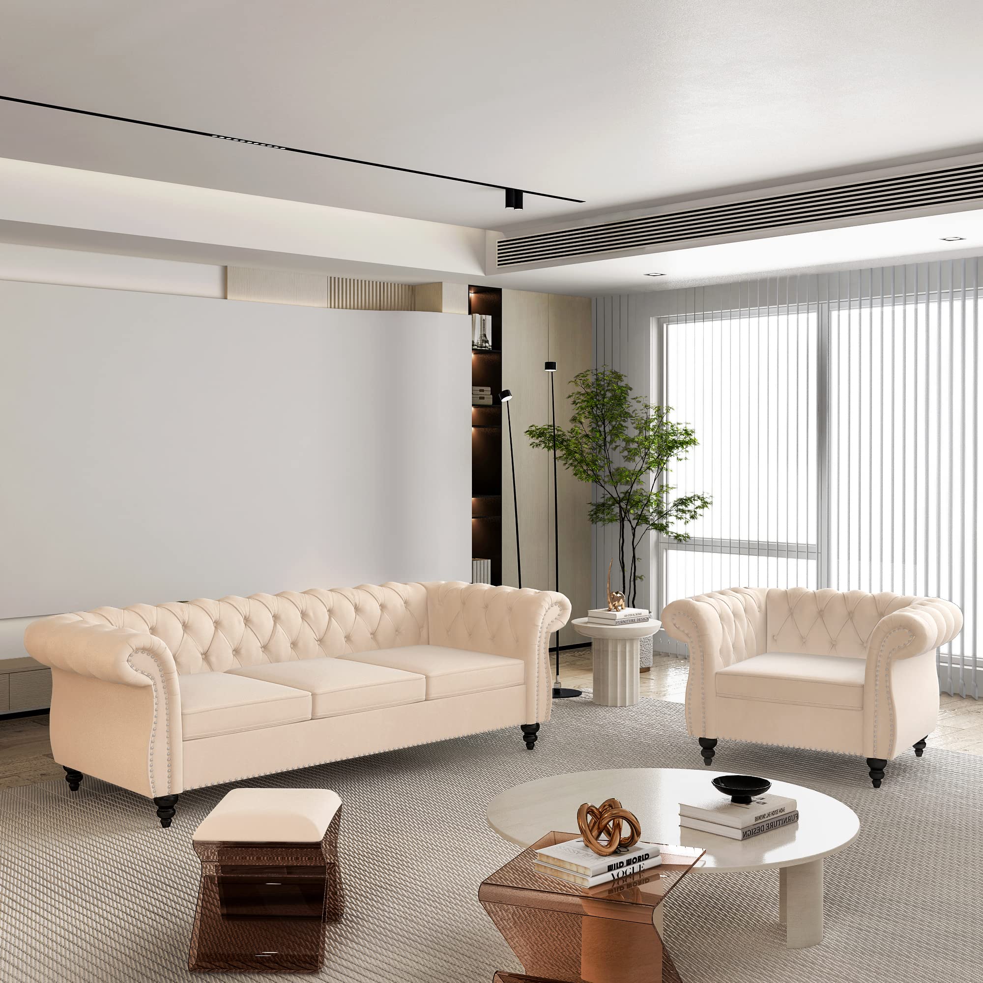 QHITTY 3 Piece Living Room Set, Sectional Chesterfield Sofa Chair Contemporary Upholstered Leather Loveseat Couch Sets for Living Room, Bedroom, Office