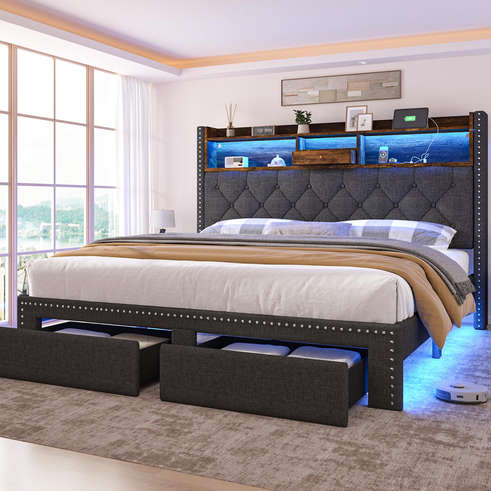 Linen Full Size Bed Frame with 2-Tier Storage Headboard and Charging Station, Upholstered Platform Bed Frames with 2 Storage Drawers, Wooden Slats Support, No Box Spring Needed, Black