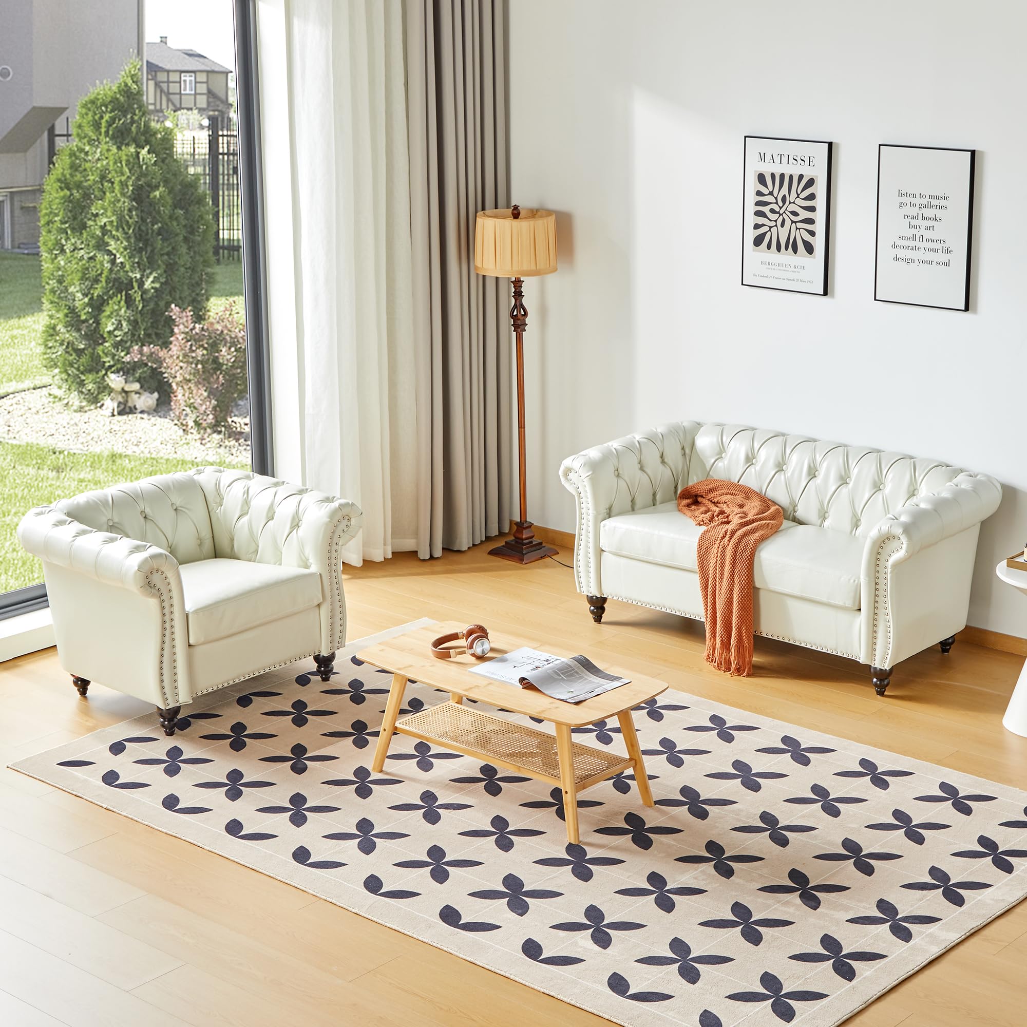 QHITTY 3 Piece Living Room Set, Sectional Chesterfield Sofa Chair Contemporary Upholstered Leather Loveseat Couch Sets for Living Room, Bedroom, Office