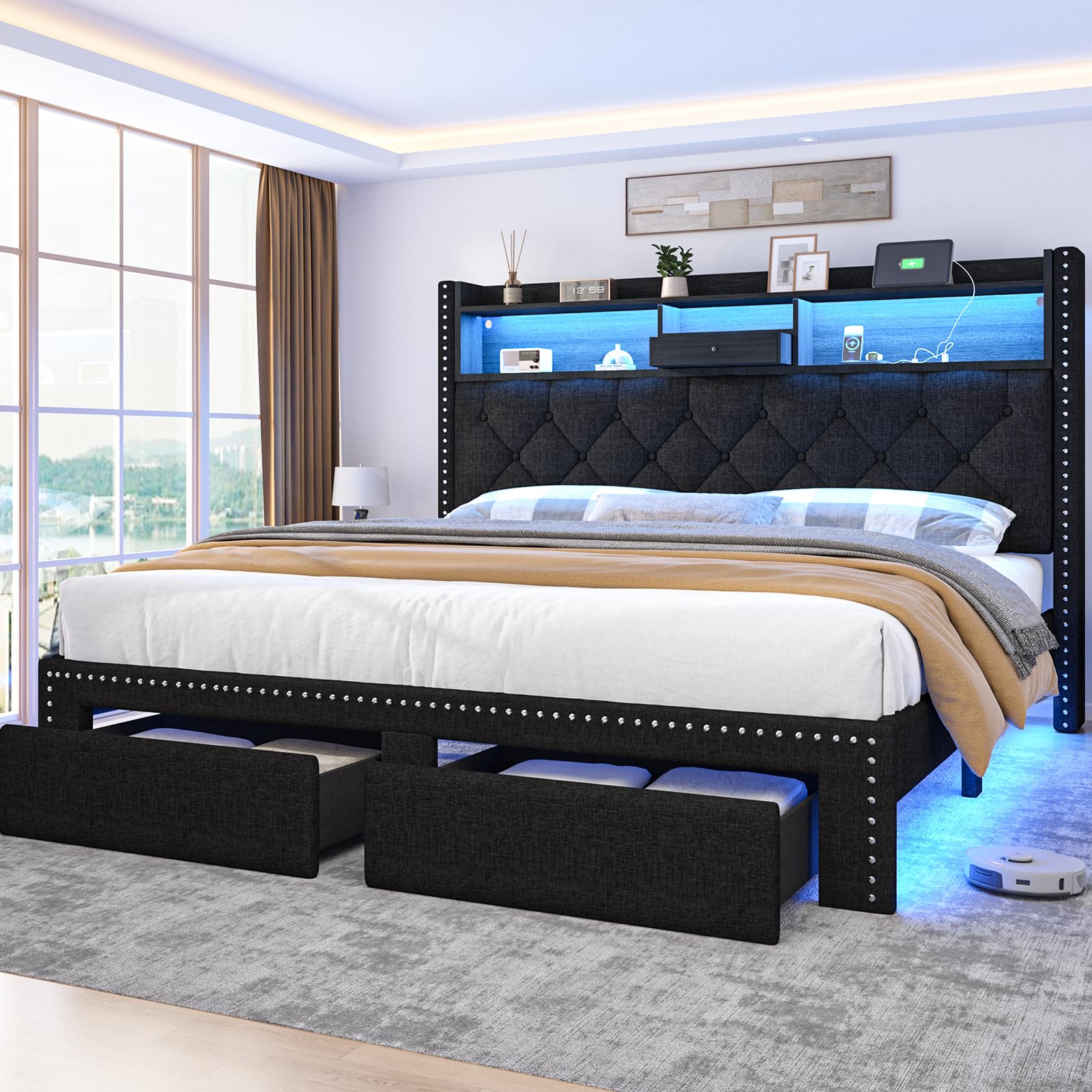 Linen Full Size Bed Frame with 2-Tier Storage Headboard and Charging Station, Upholstered Platform Bed Frames with 2 Storage Drawers, Wooden Slats Support, No Box Spring Needed, Black