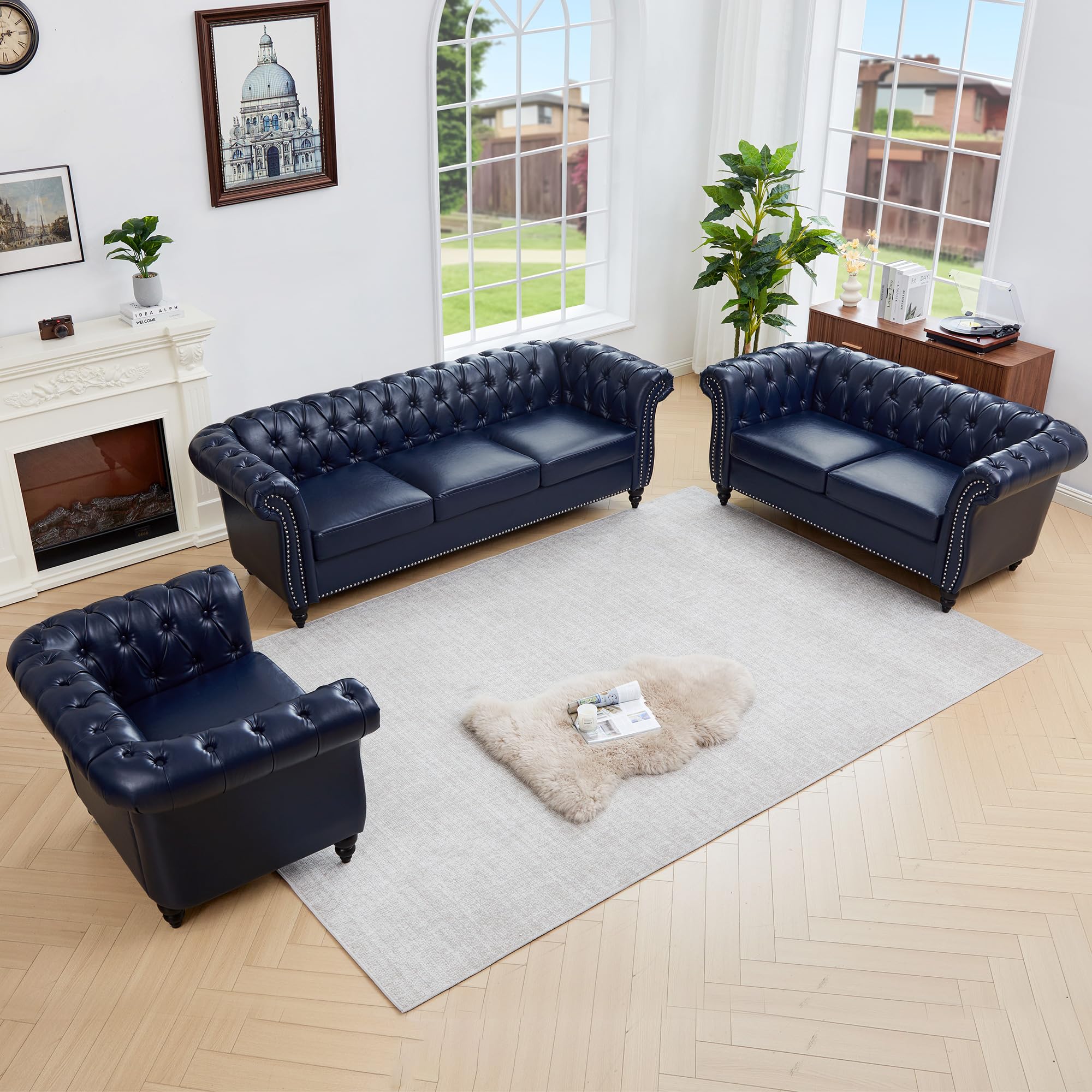 QHITTY 3 Piece Living Room Set, Sectional Chesterfield Sofa Chair Contemporary Upholstered Leather Loveseat Couch Sets for Living Room, Bedroom, Office