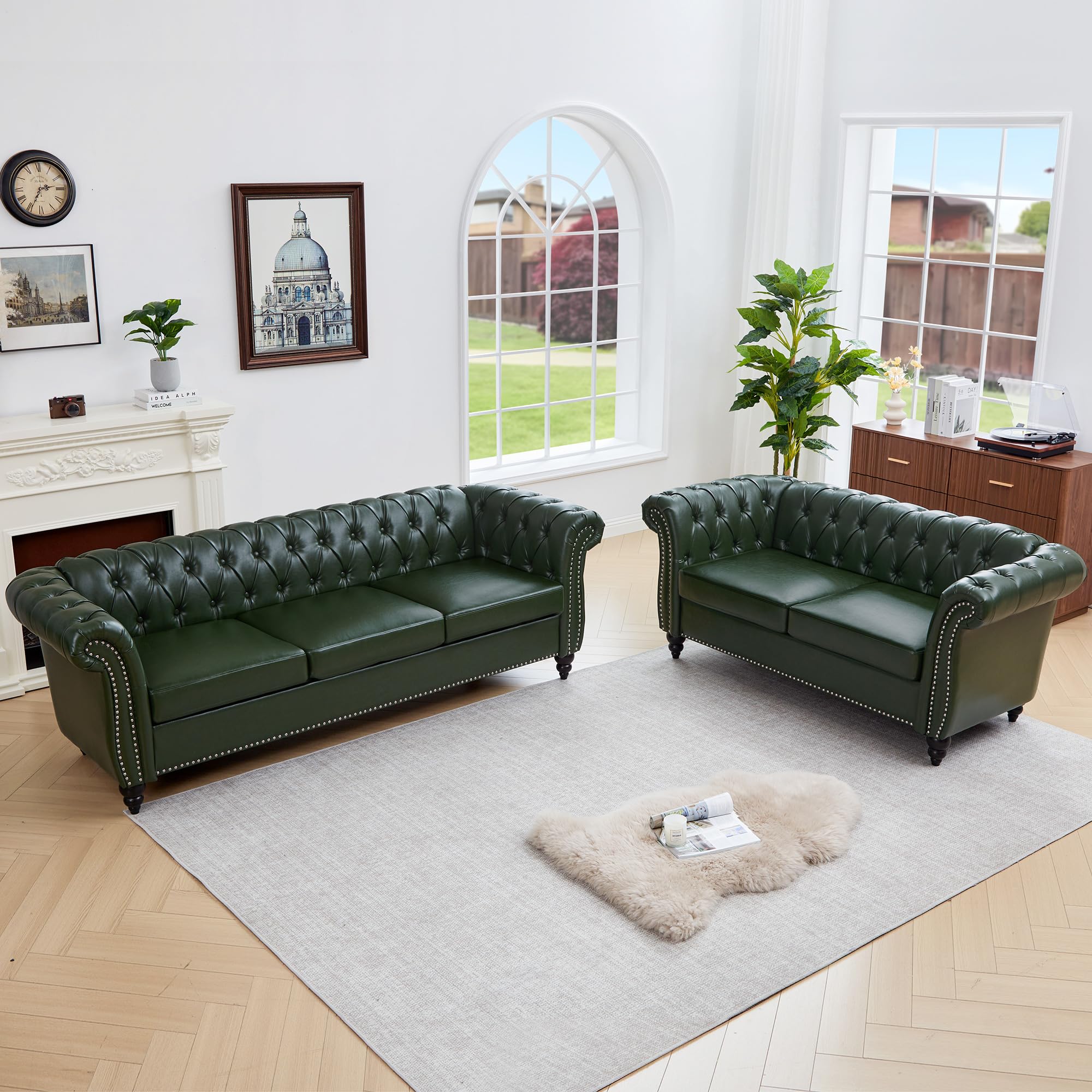 QHITTY 3 Piece Living Room Set, Sectional Chesterfield Sofa Chair Contemporary Upholstered Leather Loveseat Couch Sets for Living Room, Bedroom, Office