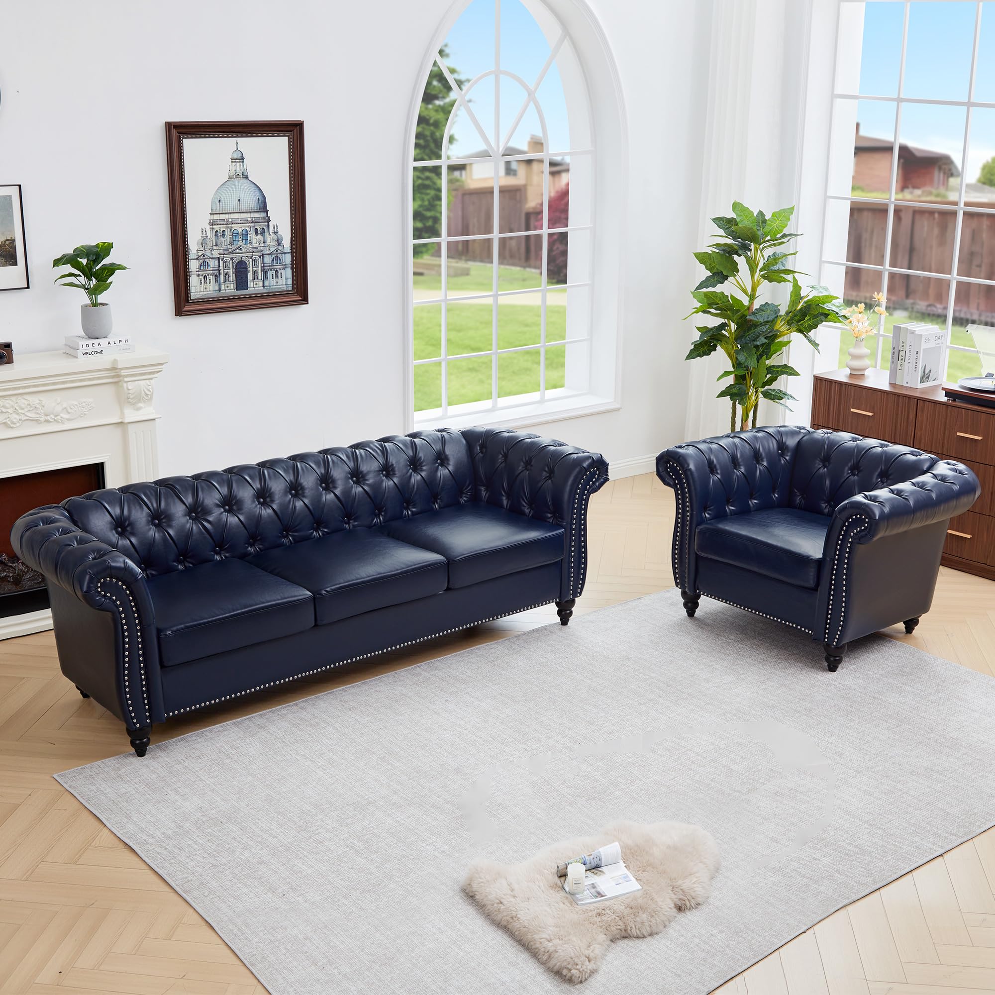 QHITTY 3 Piece Living Room Set, Sectional Chesterfield Sofa Chair Contemporary Upholstered Leather Loveseat Couch Sets for Living Room, Bedroom, Office