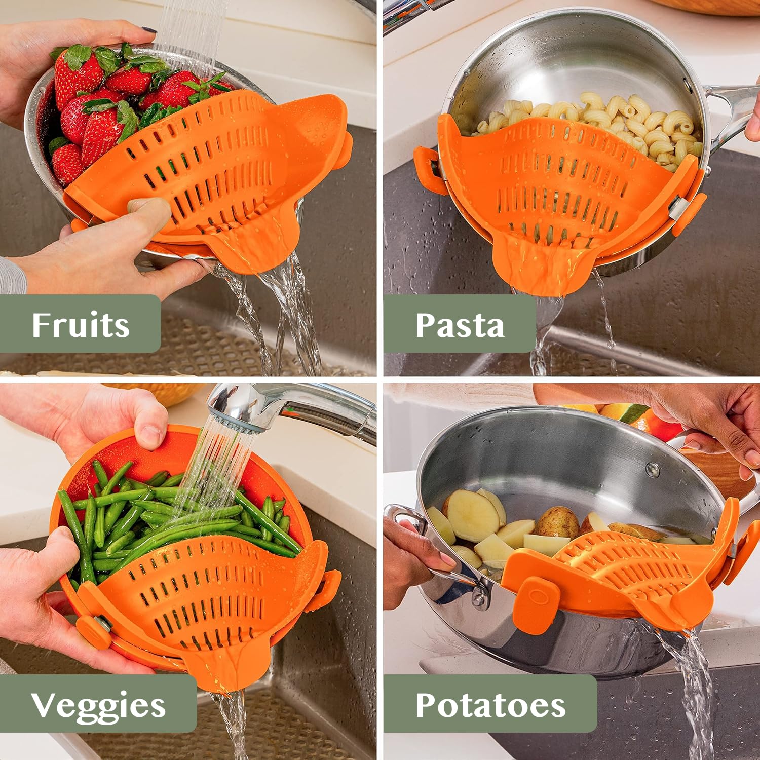 Kitchen Gizmo Snap N' Strain - Silicone Pasta Strainer Clip-On for Pots and Pans - Heat Resistant Colander for Vegetables and Noodles - Kitchen Gadgets for Cooking - Space-Saving Design - Gray