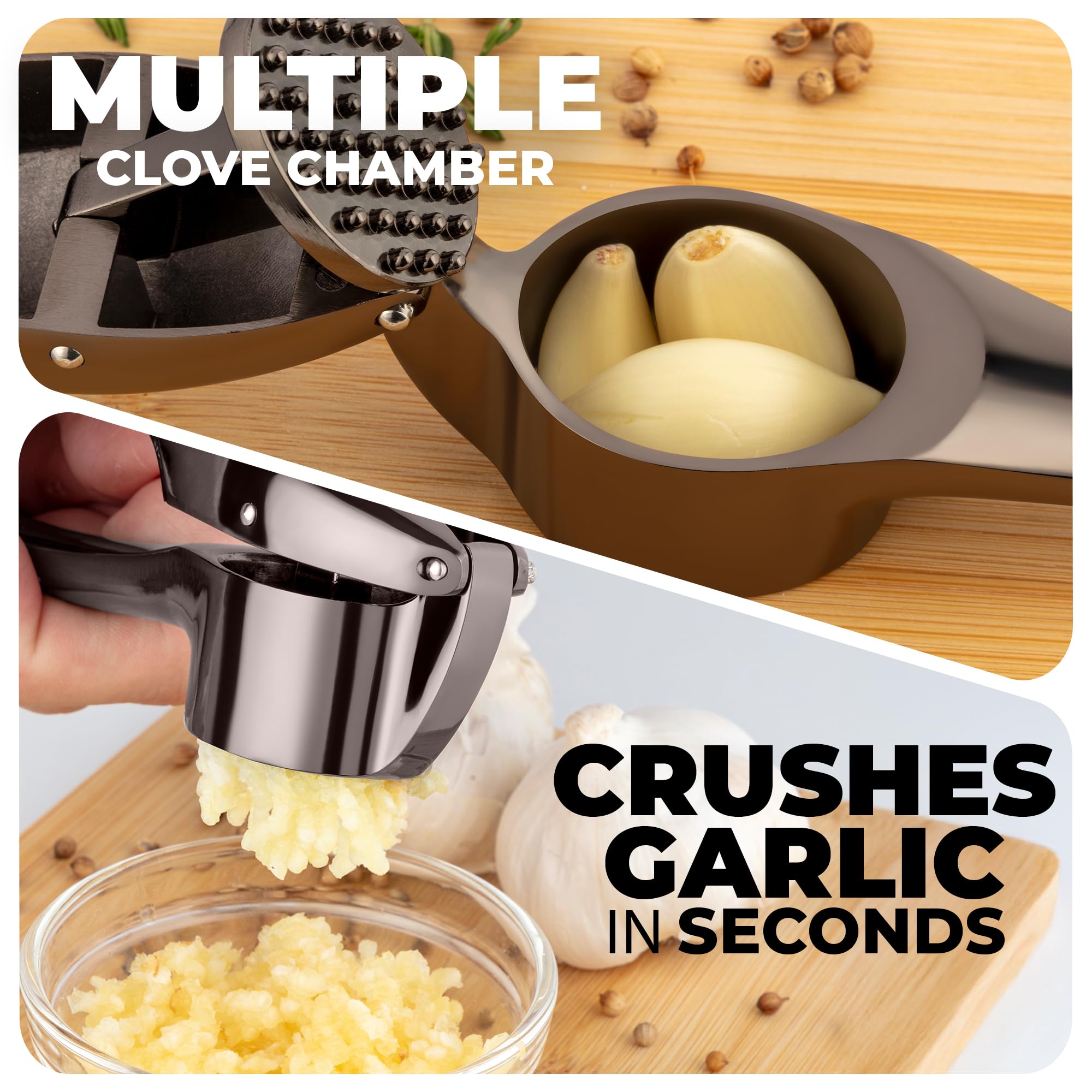 Zulay Kitchen Premium Garlic Press Set - Rust Proof Professional Garlic Mincer Tool - Easy-Squeeze, Easy-Clean with Soft, Ergonomic Handle - Silicone Garlic Peeler & Brush (Silver)