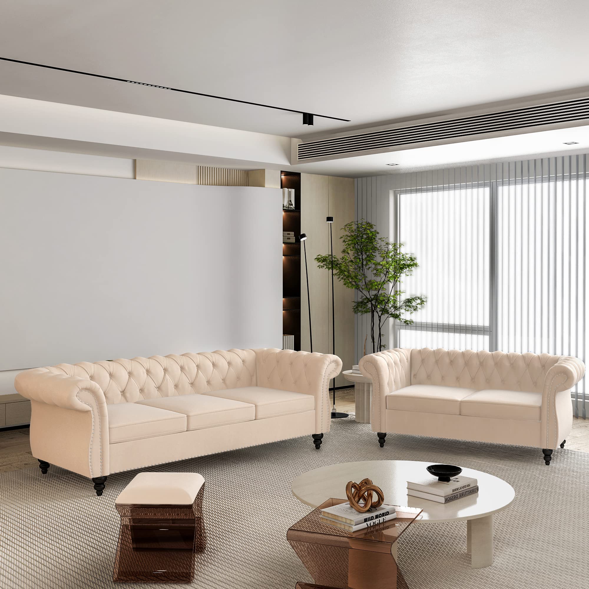 QHITTY 3 Piece Living Room Set, Sectional Chesterfield Sofa Chair Contemporary Upholstered Leather Loveseat Couch Sets for Living Room, Bedroom, Office